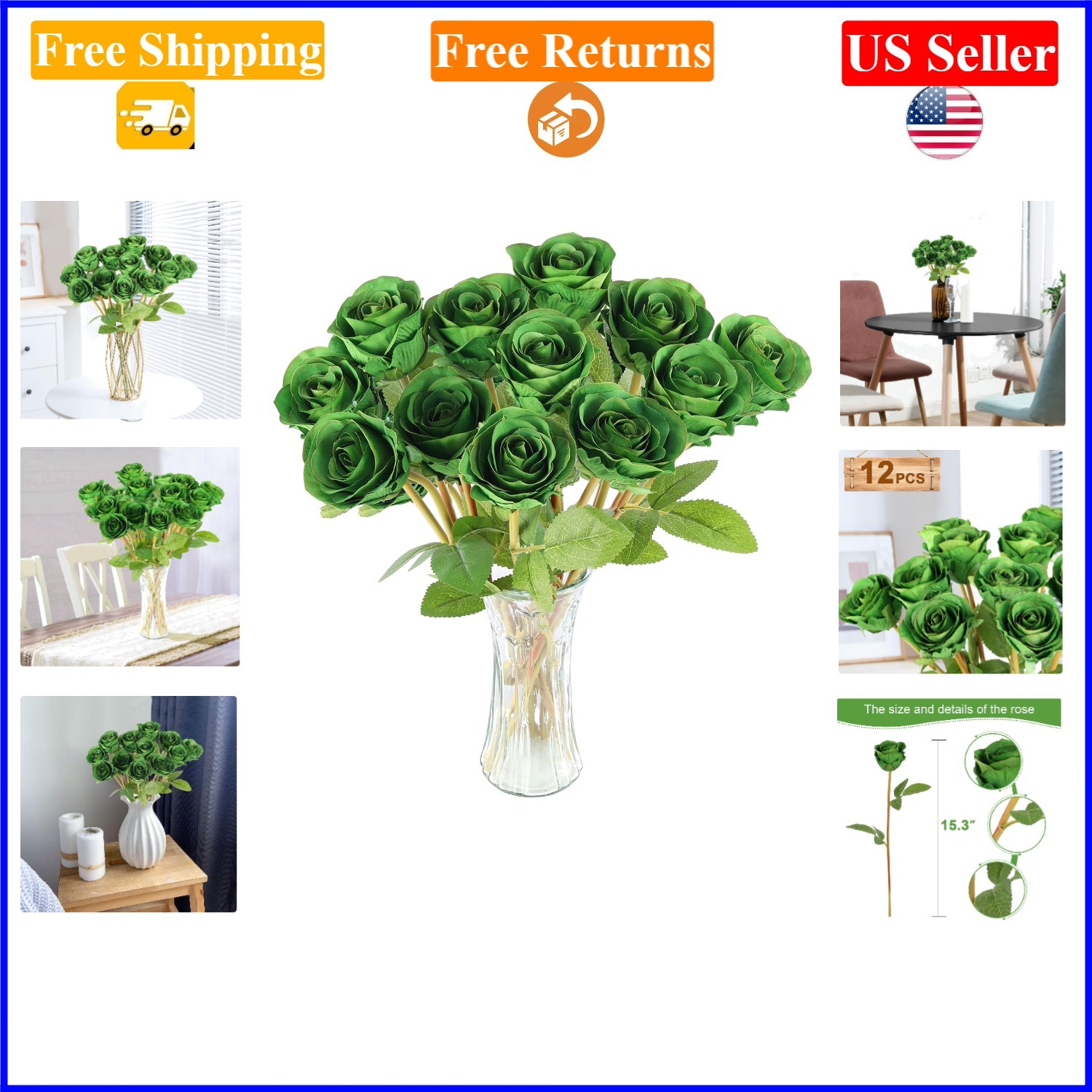 12 Pcs Green Artificial Roses Bouquet for Home Decor & Wedding