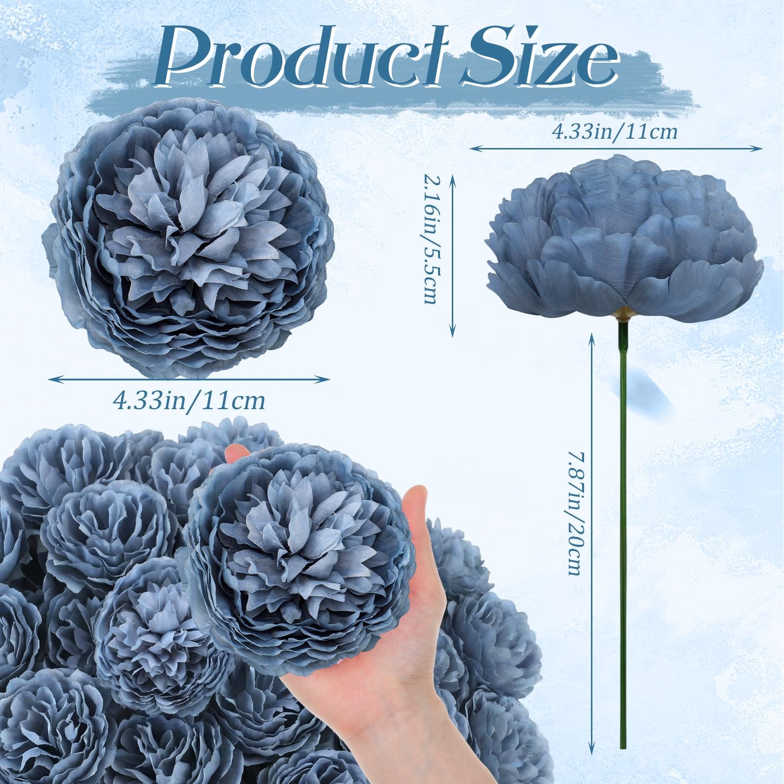 50 PCS 4.7 Inch Artificial Silk Peony Rose Flower Heads Wedding Dusty Blue
