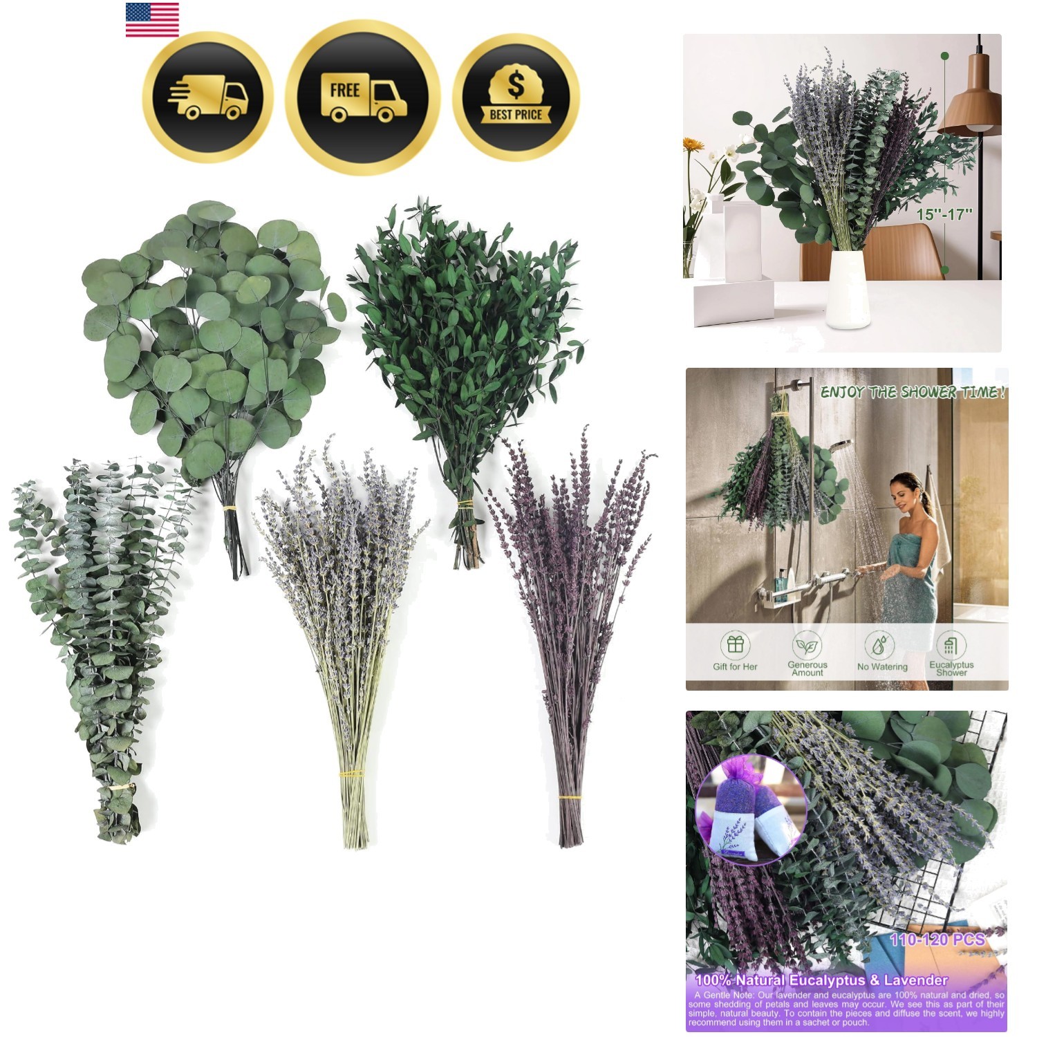 120+ Pcs Mixed Dried Eucalyptus & Lavender Flowers for Shower, Preserved Natu…