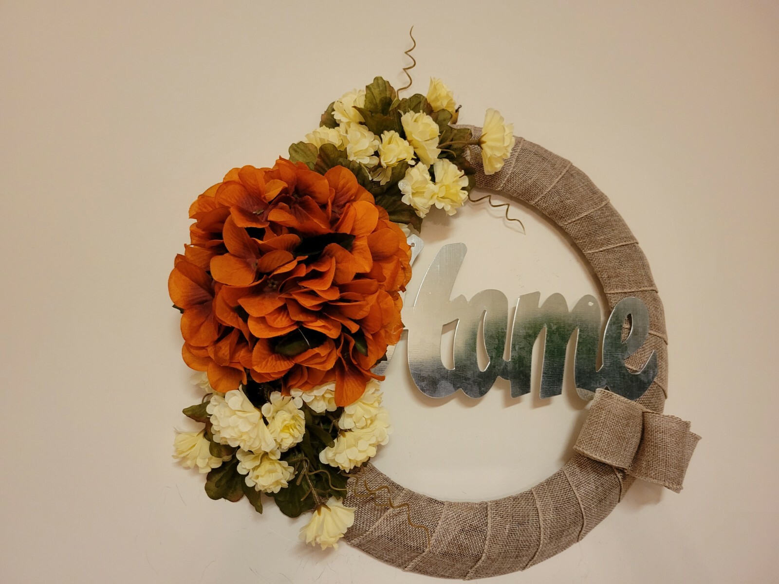 HOME Hydrangeas Mum burlap WREATH FALL autumn Decor Front Door 15″ brown orange