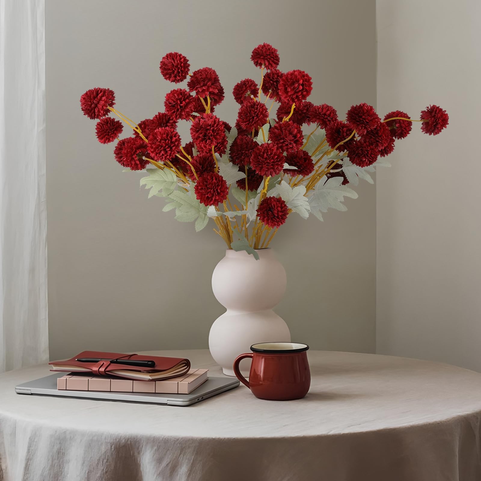 12 PCS Burgundy Red Kiku Pom Pom Chrysanthemum Artificial Flower Fall Decor