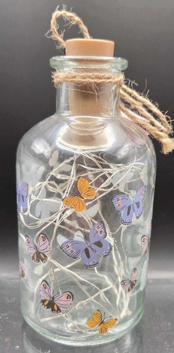Handmade Butterfly Fairy Light Glass Bottle Lamp LED Night Light 6″ Tall HomeDec