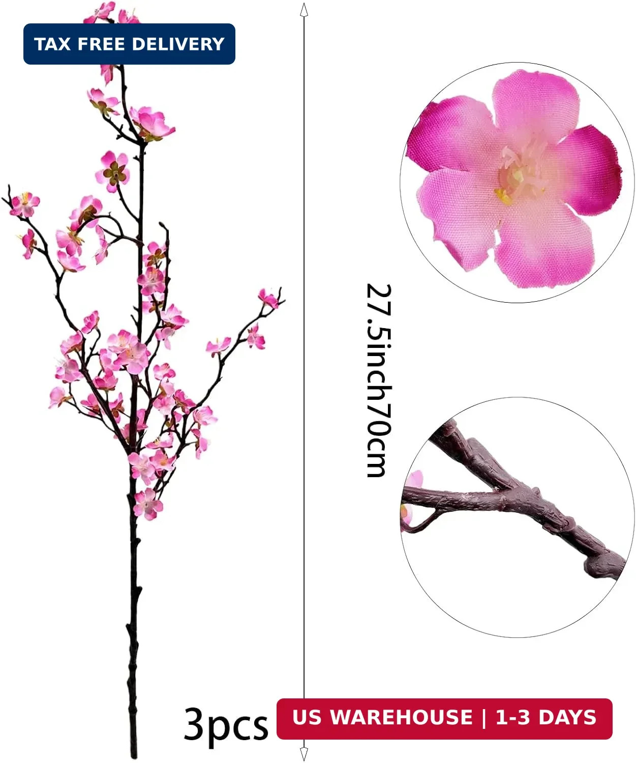 Artificial Plum Blossom Flowers 3pcs Faux Cherry Blossom Flower Silk Peach Flowe