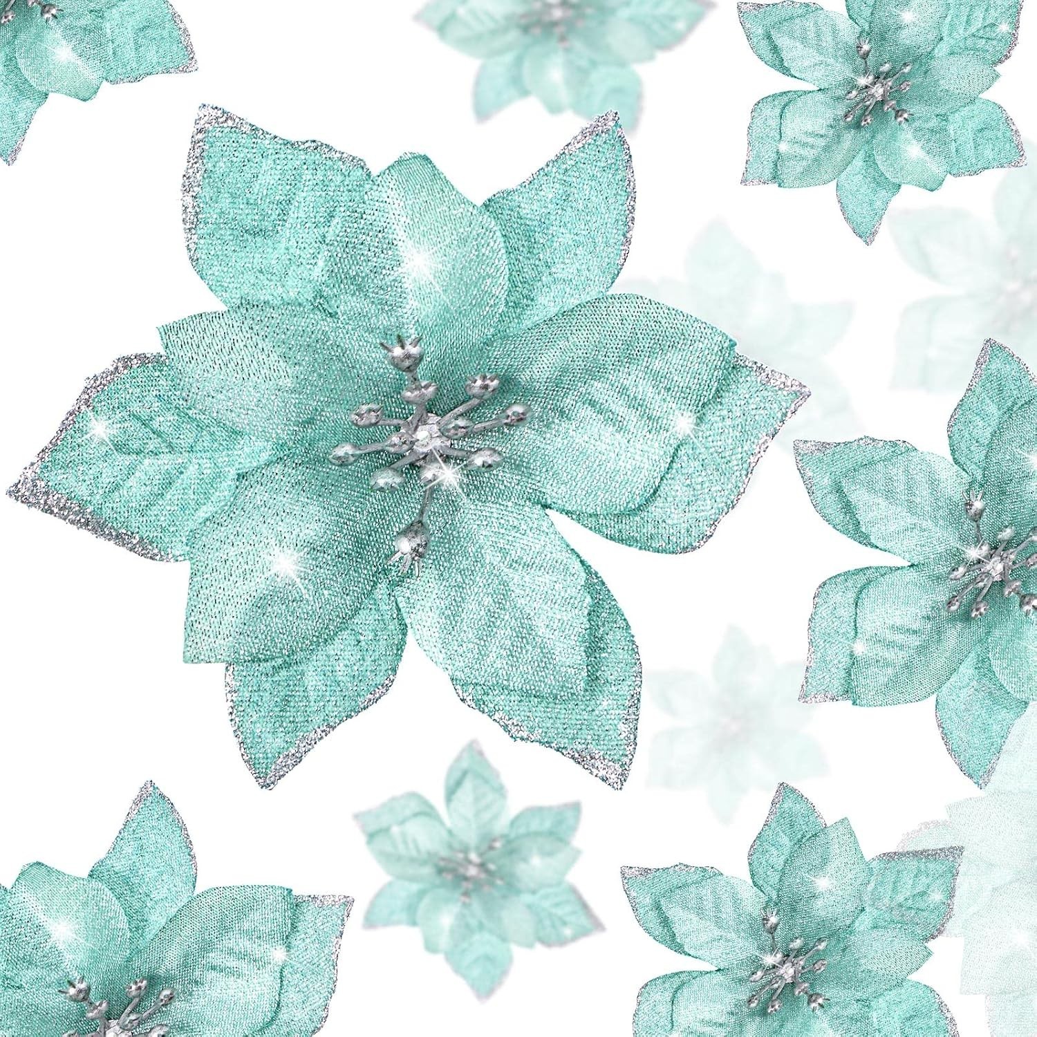 Deluxe 24 Pcs Blue & Green Glitter Poinsettias – Perfect for Christmas Wreaths