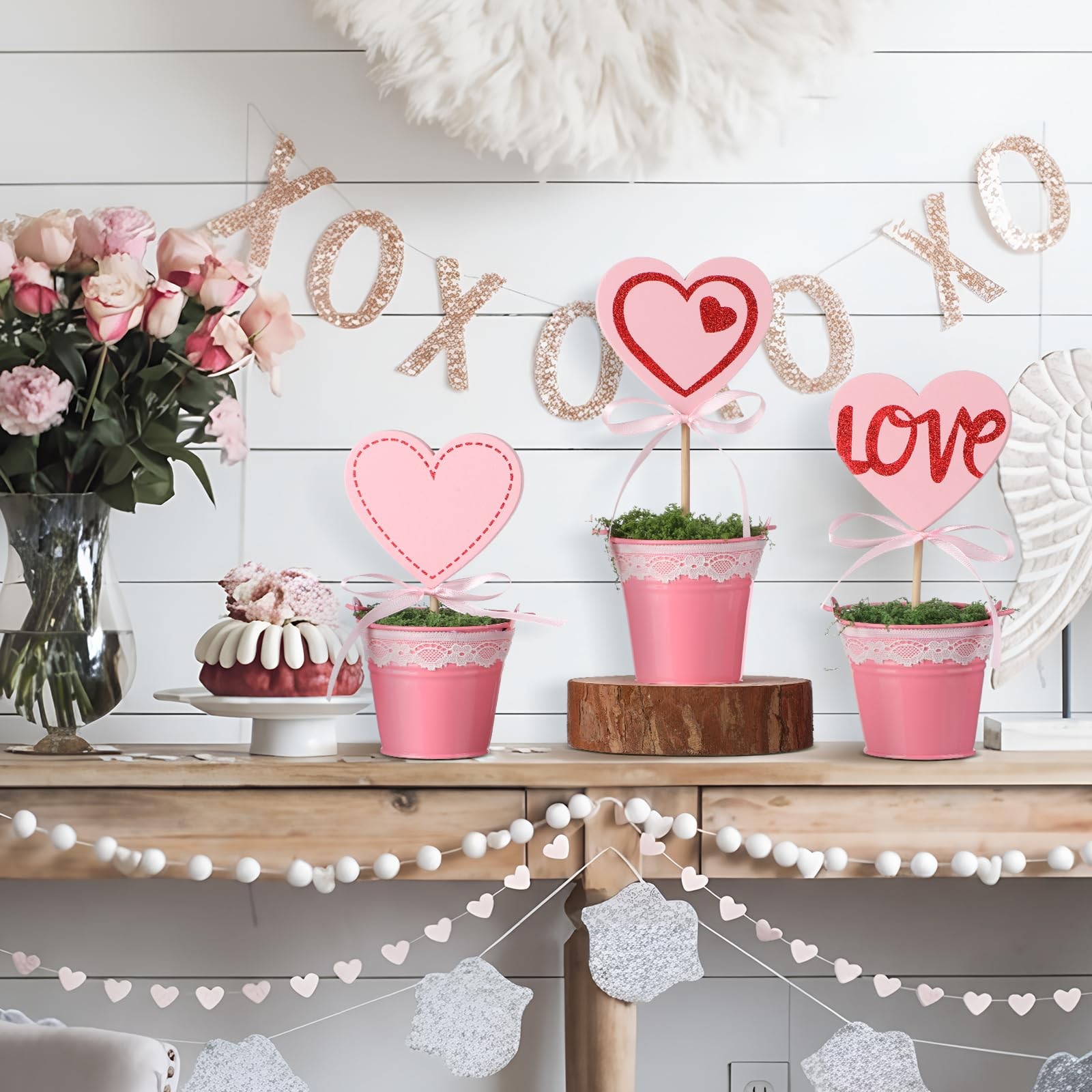 3 PCS Valentine Glitter Heart Topiary Tree Artificial Pink 5.57 Inch Pot