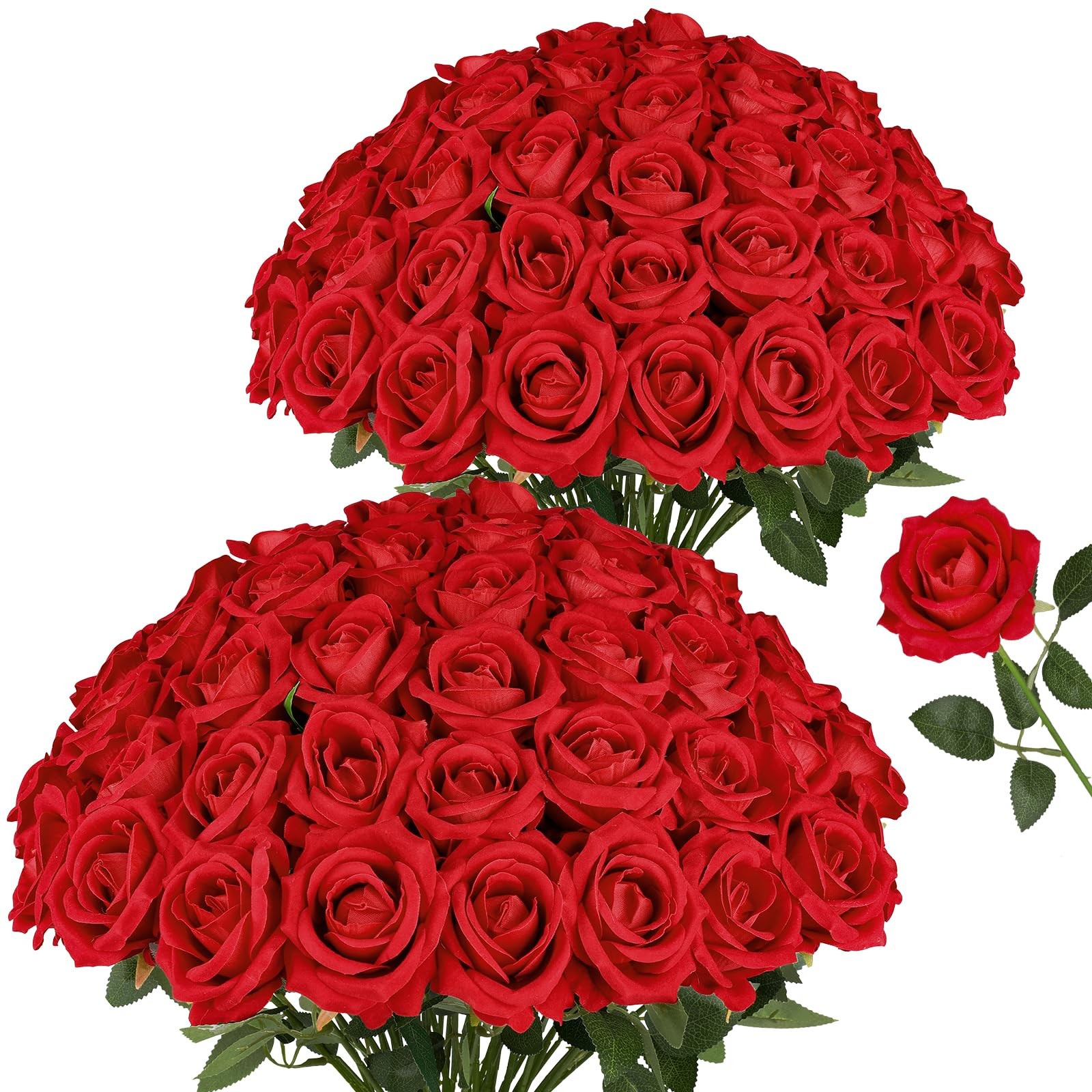 48PCS Red Roses Artificial Flowers, Realistic Fake Velvet Rose Bulk with Bend…