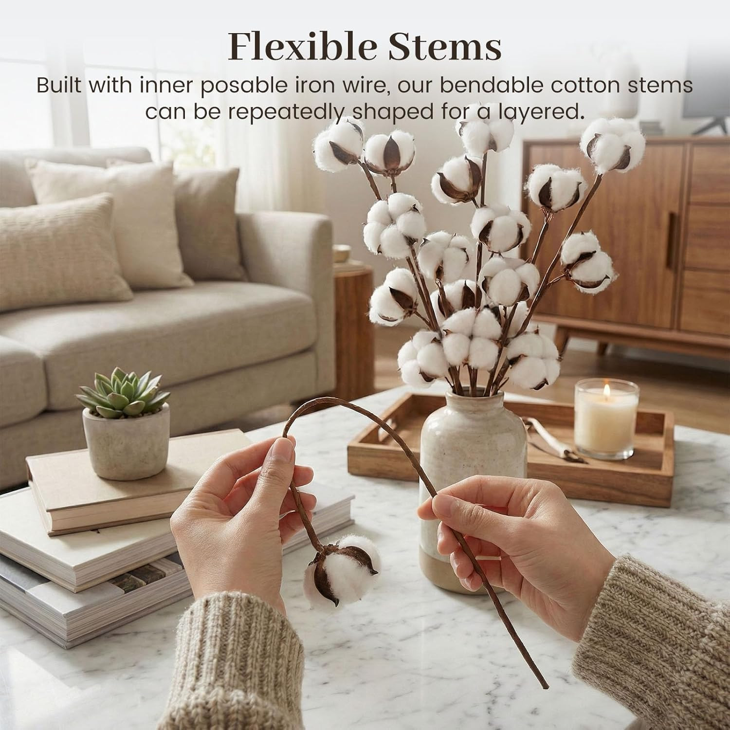 Cotton Stems 8 Packs with 15 Bolls, Natural Dried Flowers Cotton Sprigs for Vase