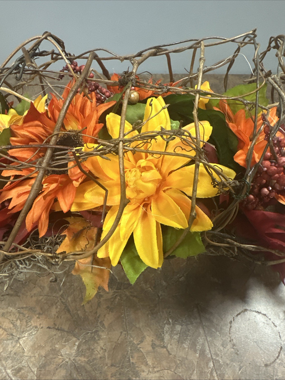 Homemade Fall Flowers And Foliage, Centerpiece Or Hang On Wall. Wire Casing