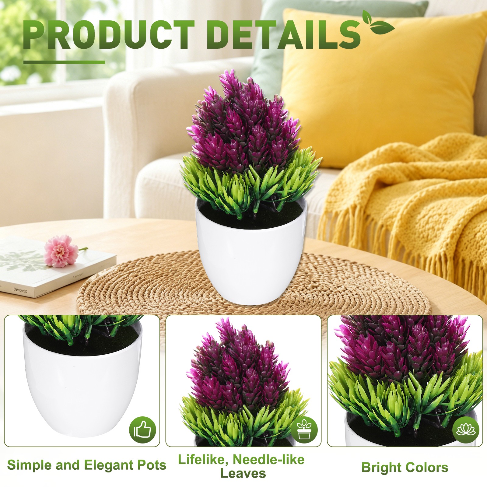 Mini Potted Decorative Fake Plants 2Pcs – for Home Bedroom, Magenta