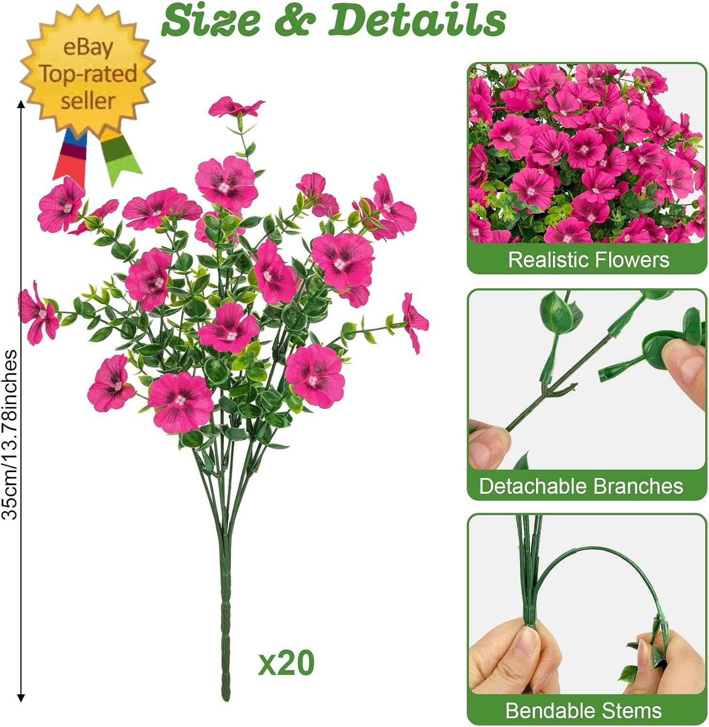 20 Bundles Artificial Flowers for Outdoors, Fake Silk Flowers with Plastic Eucal