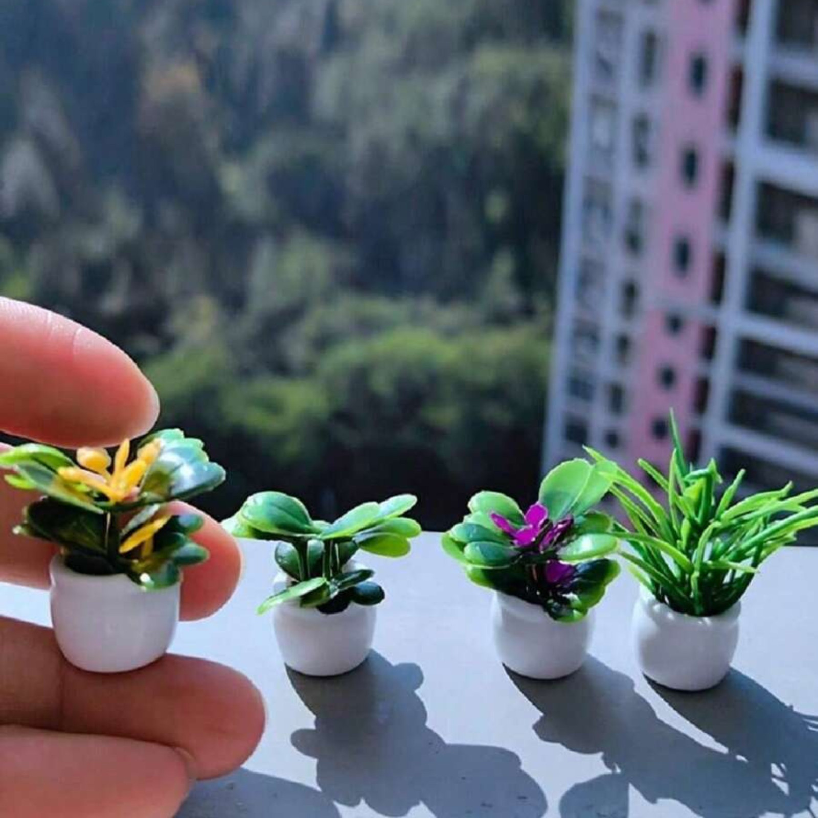 4pcs Mini Potted Plants Statue Tiny Artificial Plant Bonsai for Miniature Garden
