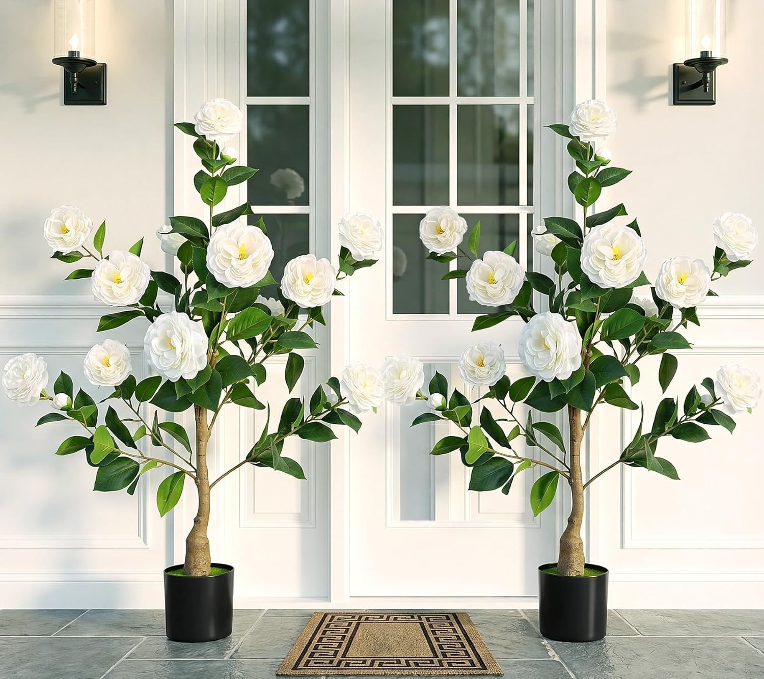 2 Pack Artificial Camellia Trees for Outdoor, 3FT Camellia Tree Potted with Faux