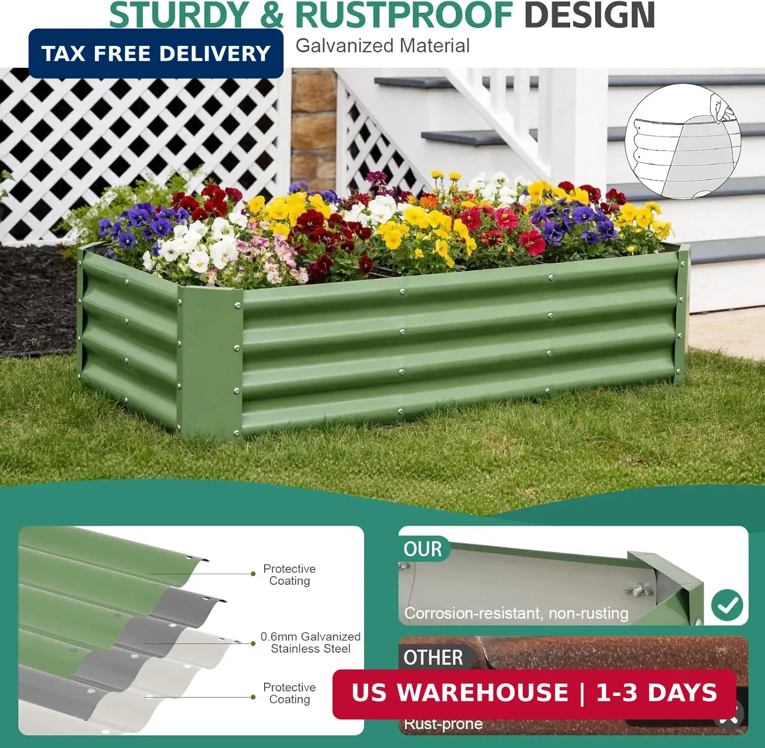 Galvanized Steel Raised Garden Bed, 4x2x1ft, Green | Metal Garden Planter Box Ou