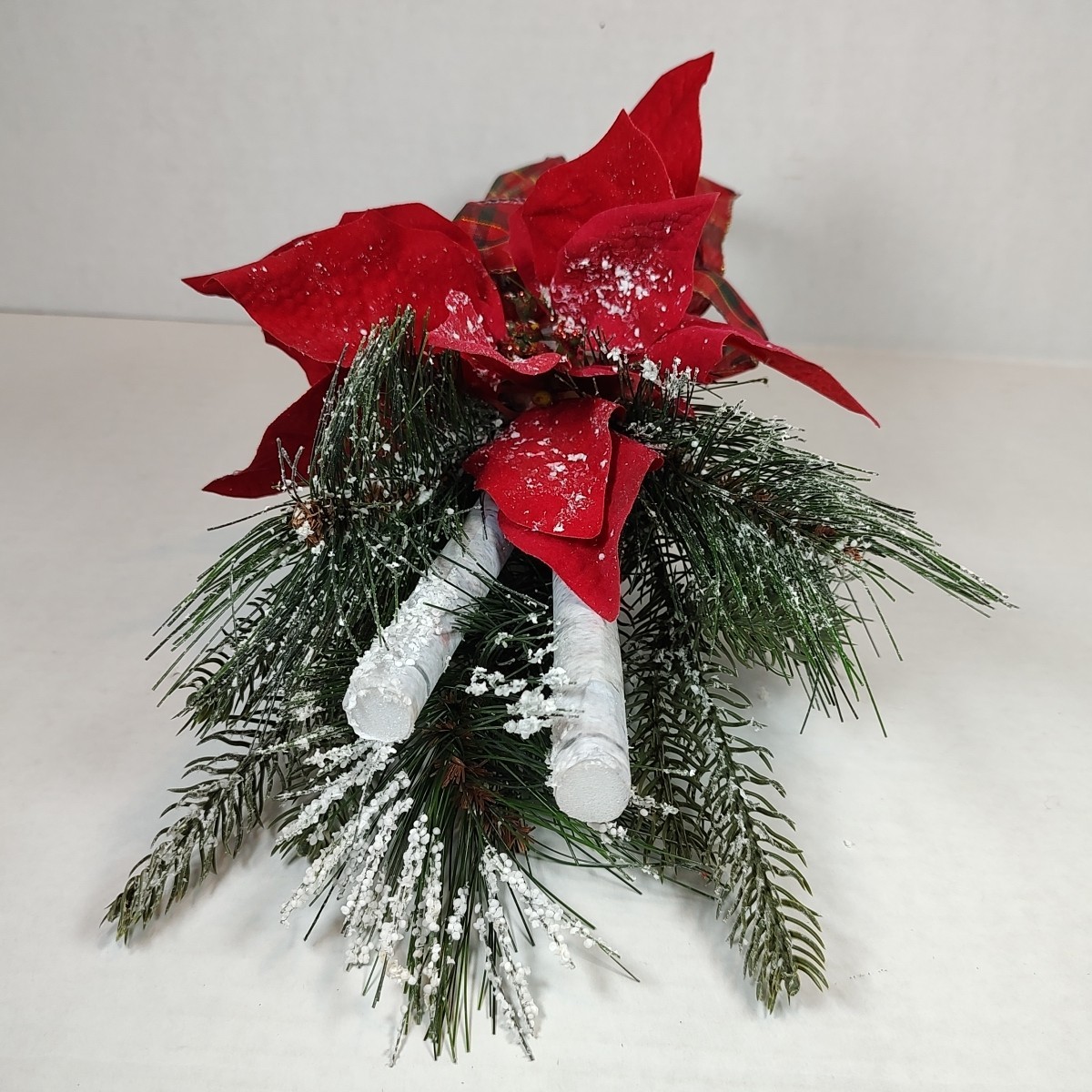 Red Plaid Holiday Christmas Flower Floral Bouquet Arrangement Poinsettia Birch