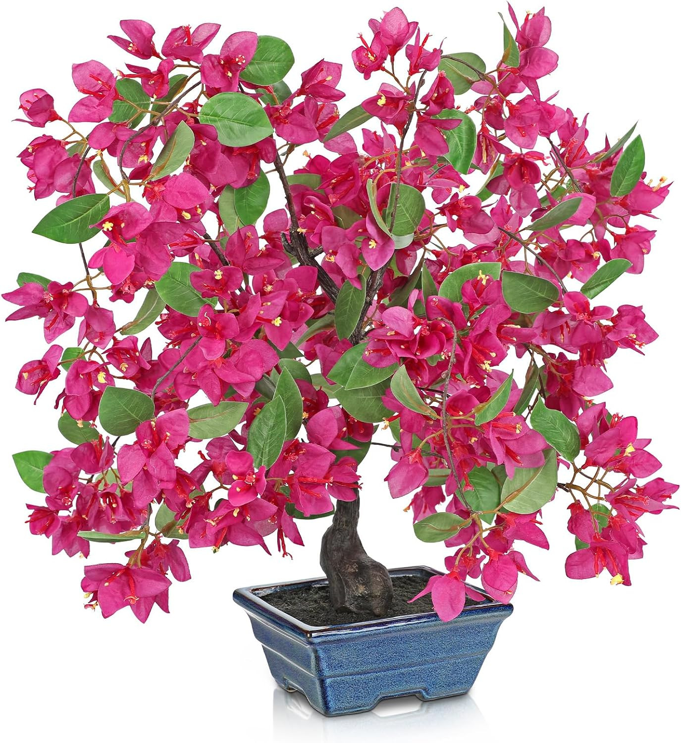 Pink Faux Bougainvillea Tree in Blue Pot – 18.5″ Tropical Silk Plant Decor