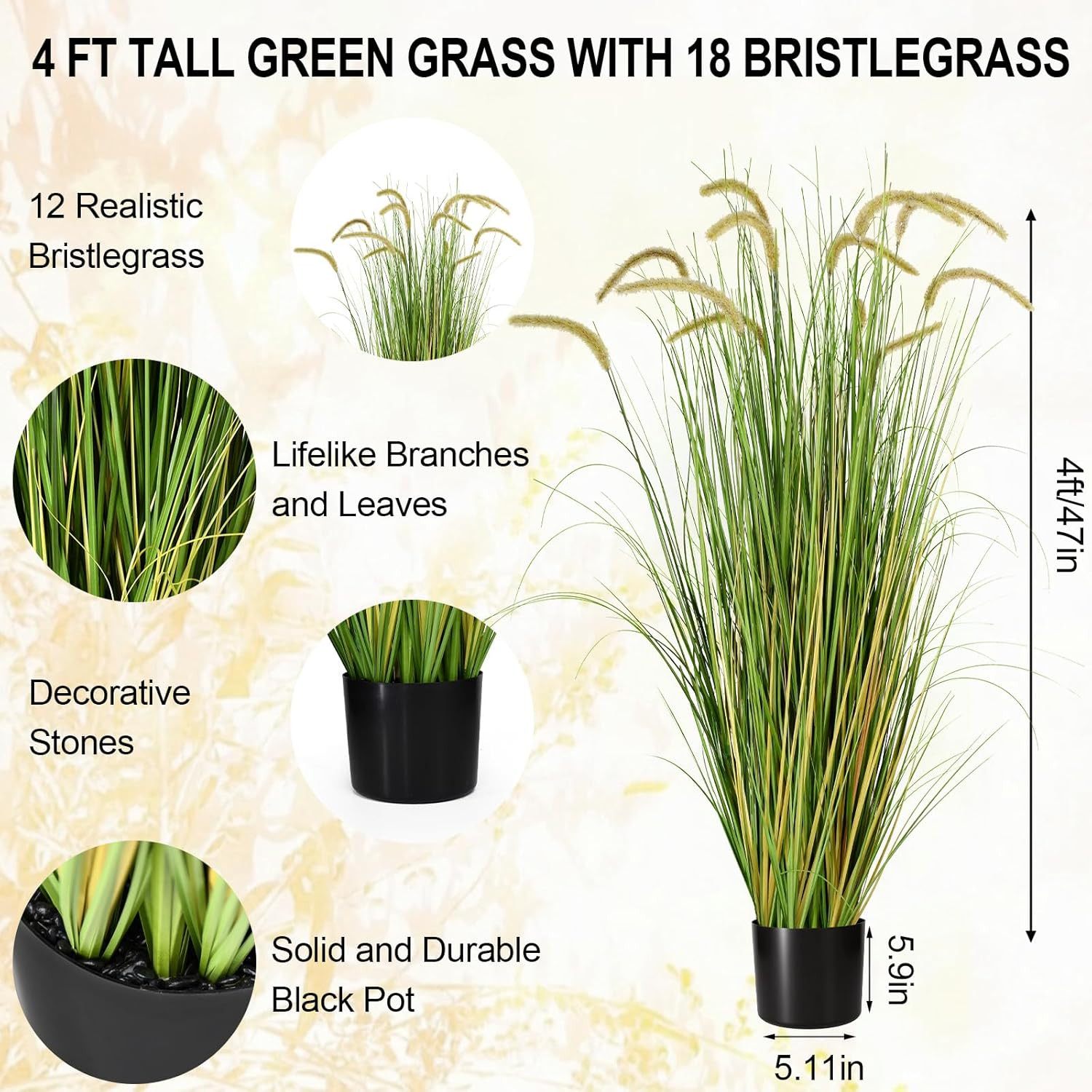 2-Pack 4Ft/47In Artificial Horsetail Grass, Potted Faux Floor Plant for Modern H