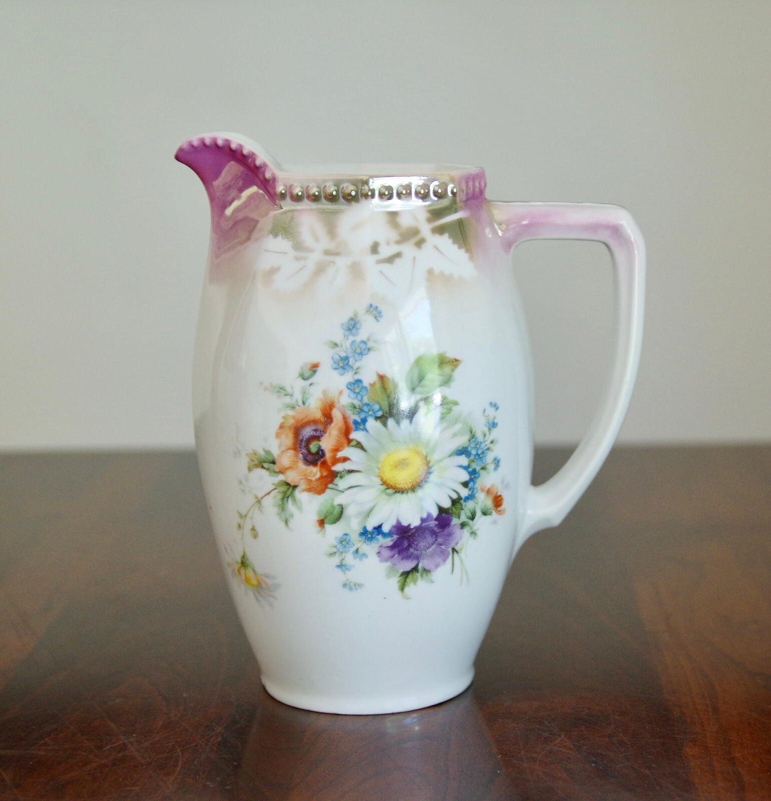 Silk Daisy and Lilac Arrangement in 1800’s Germany Lusterware Coffee Pitcher