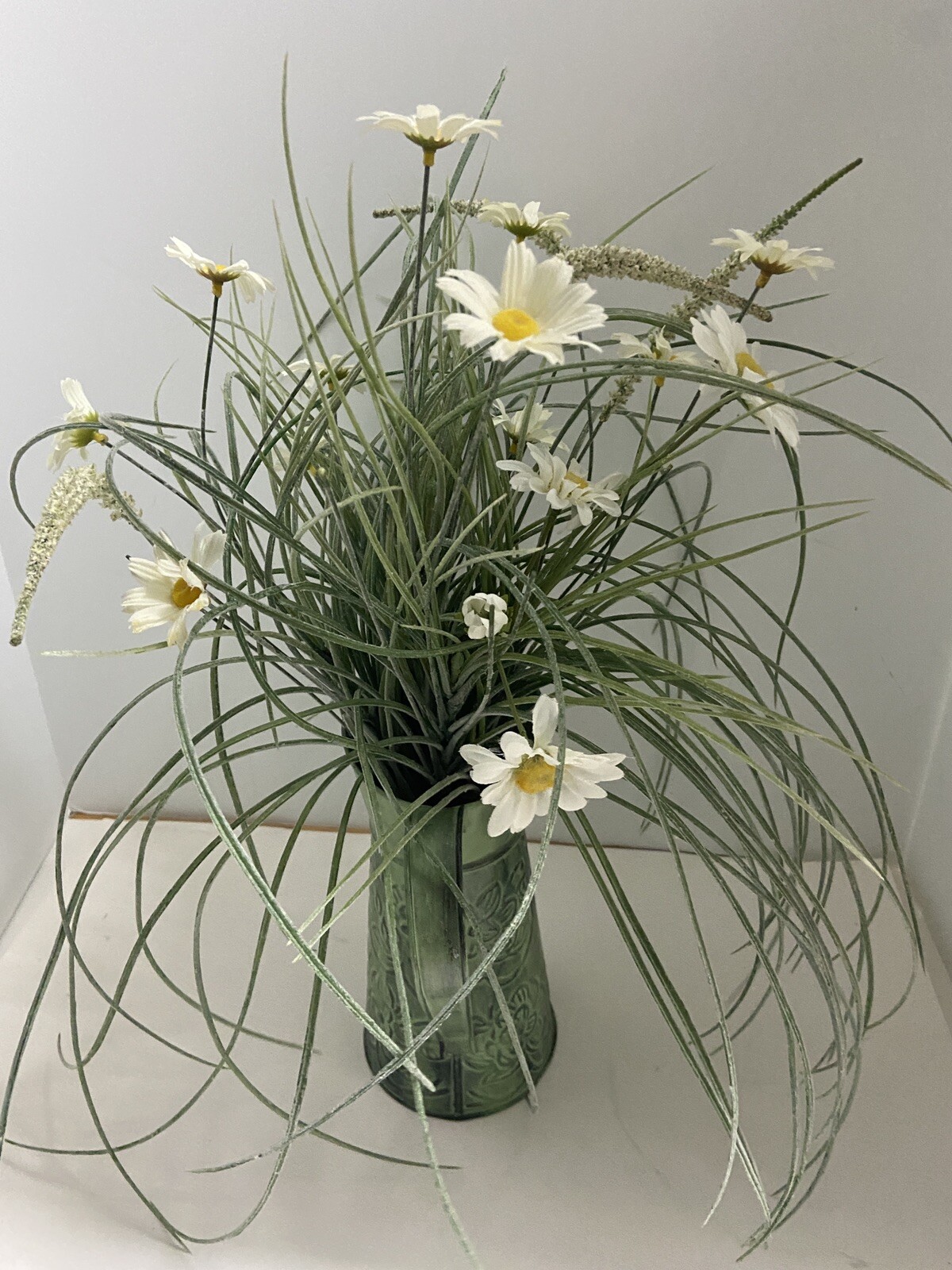 Silk Flowers in a Green Metal Pitcher 18 inches high
