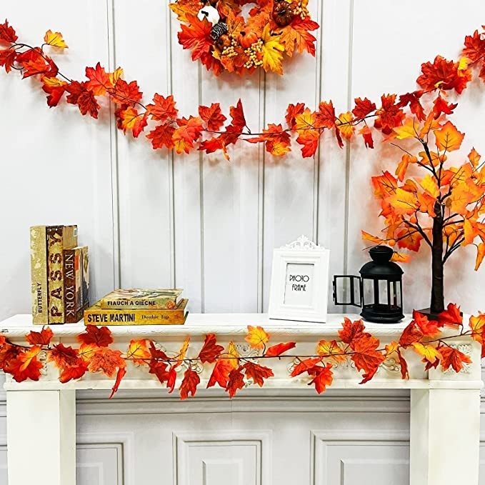 Autumn Fall Maple Leaves LED Lights Hanging Plant Halloween Artificial Flowers