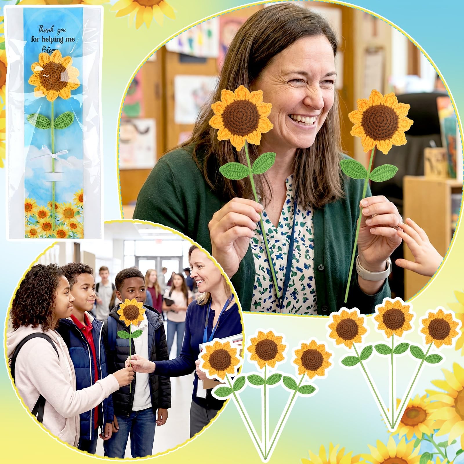 12 Sets Back to Teacher Gifts Crochet Sunflower Gifts 12″ Handmade Knit Sunfl…