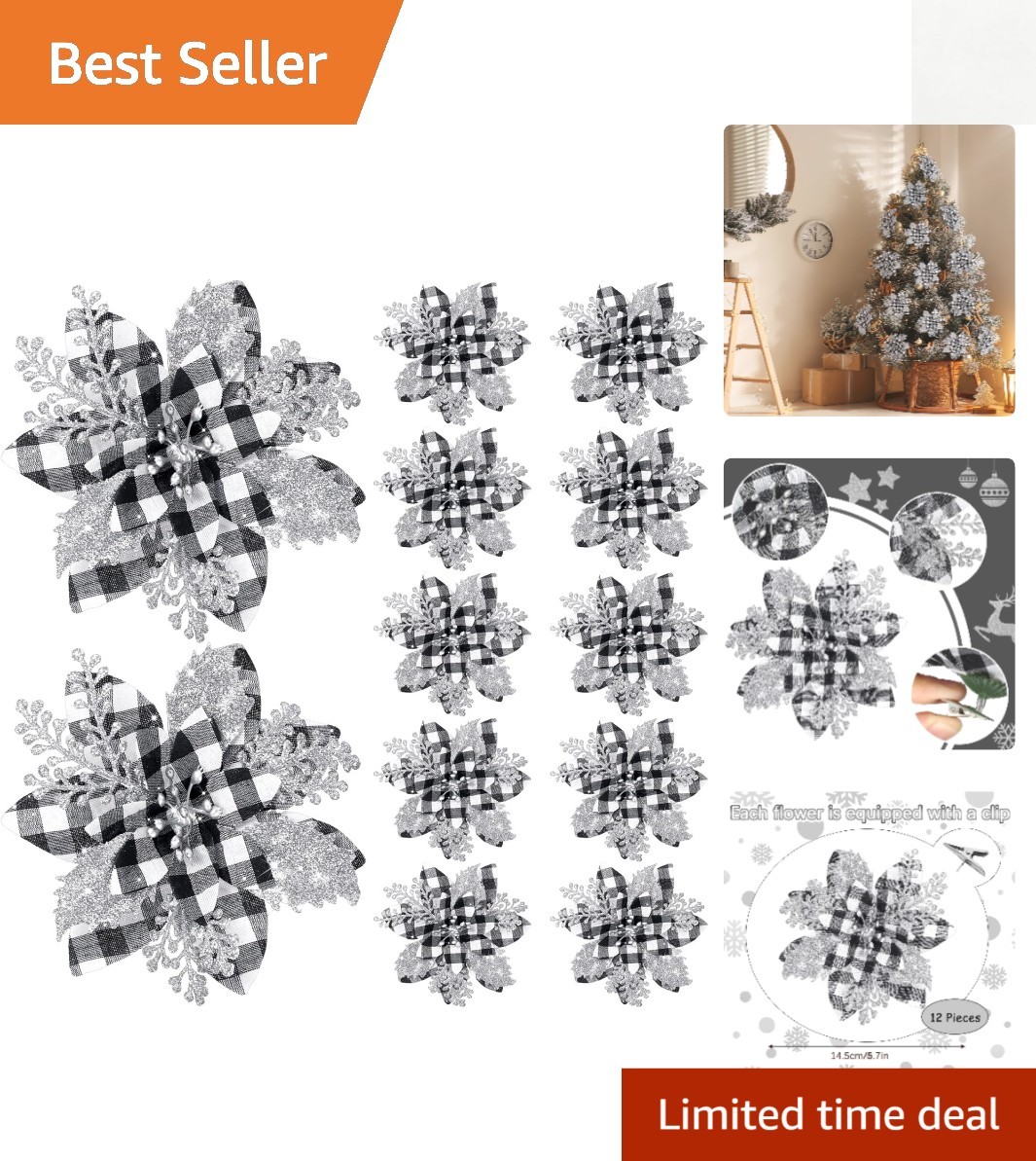 Chic Black & White Buffalo Glitter Poinsettias – 12 Decorative Clips Included