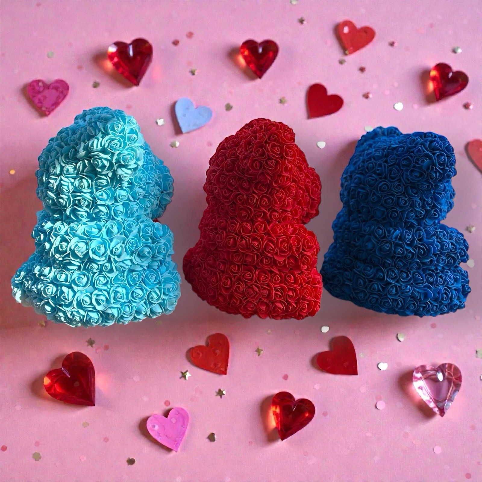 13” Eternal Rose Teddy Bear Blue Valentine’s Gift Faux Roses Gift Wrapped