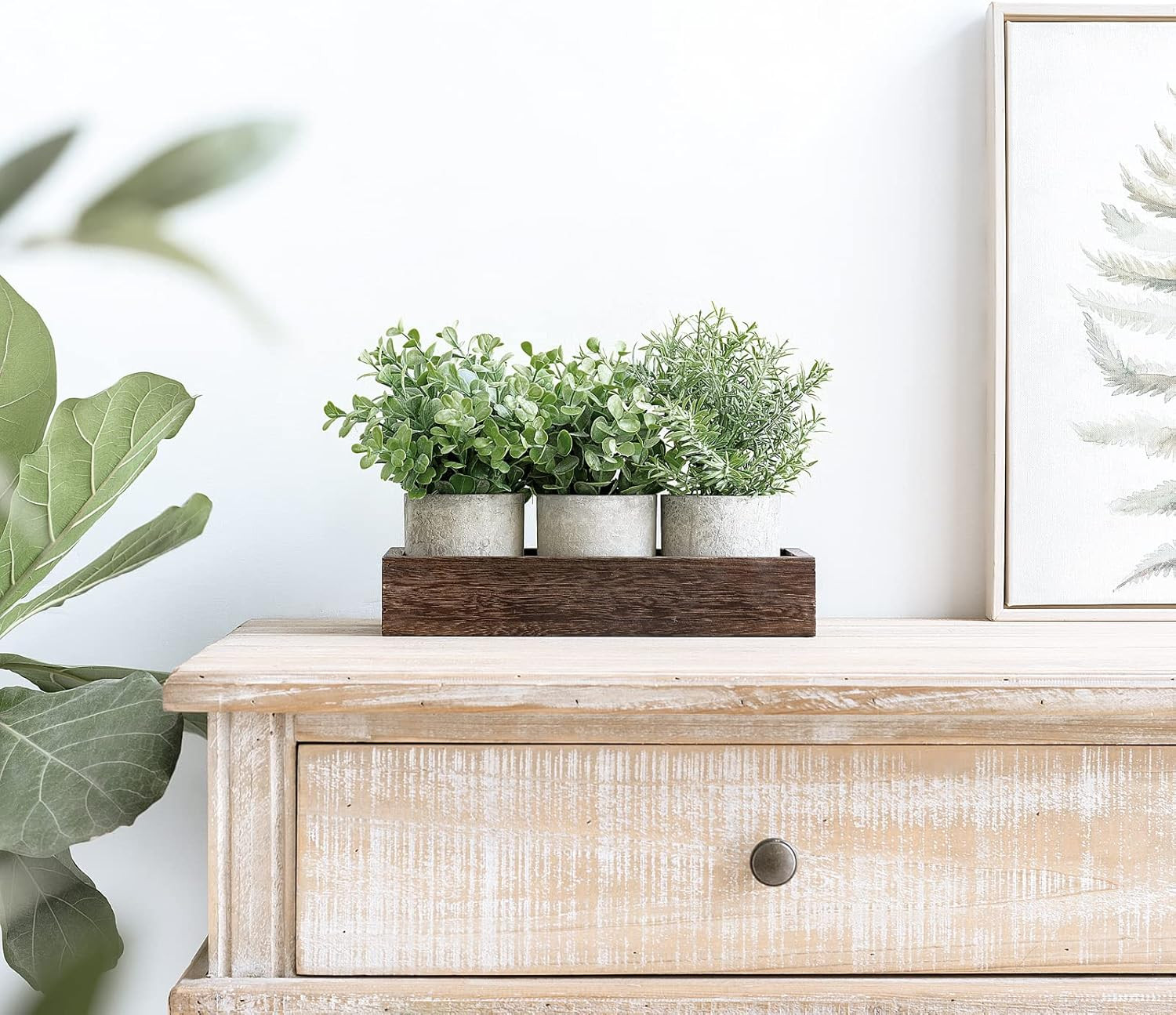3 Pack Mini Potted Artificial Eucalyptus Fake Plants with Wood Tray Centerpiece