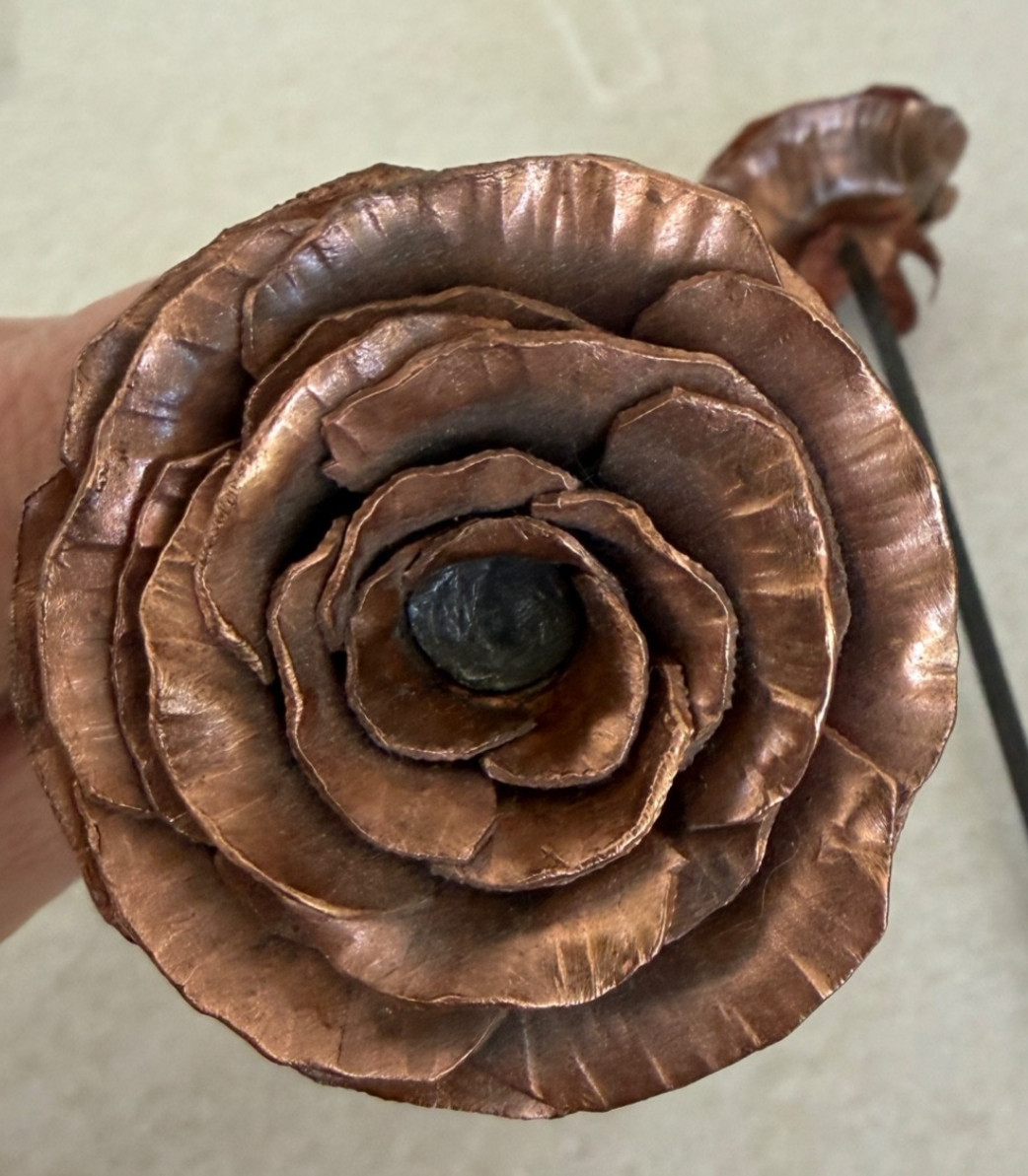 Copper-Tone Metal Rose Sculpture Pair 7” 9” Handcrafted Floral Decor