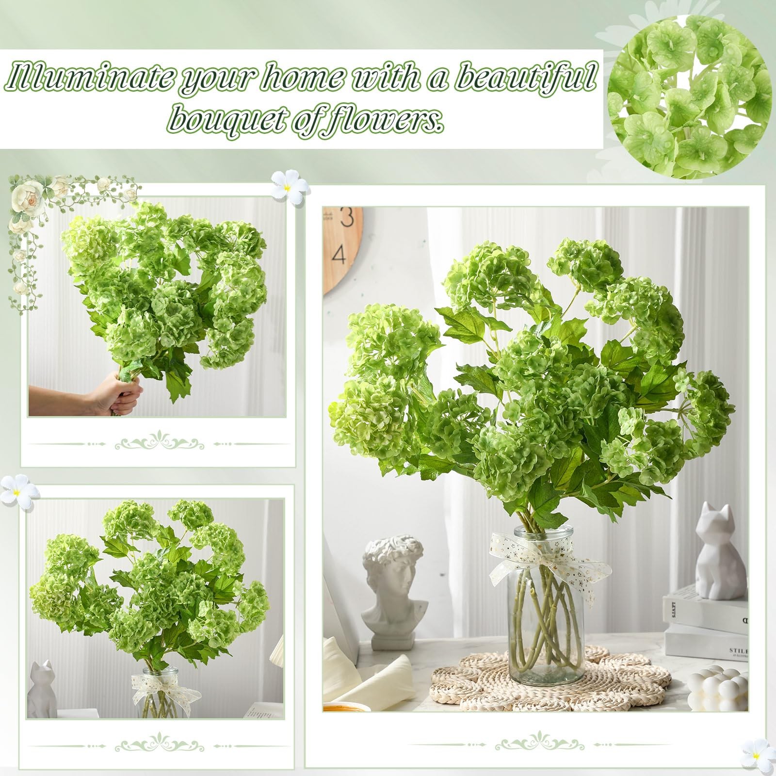 10 Pcs Artificial Green Hydrangea Flower 2 Stems 26.4 ” Lifelike Fake Latex …