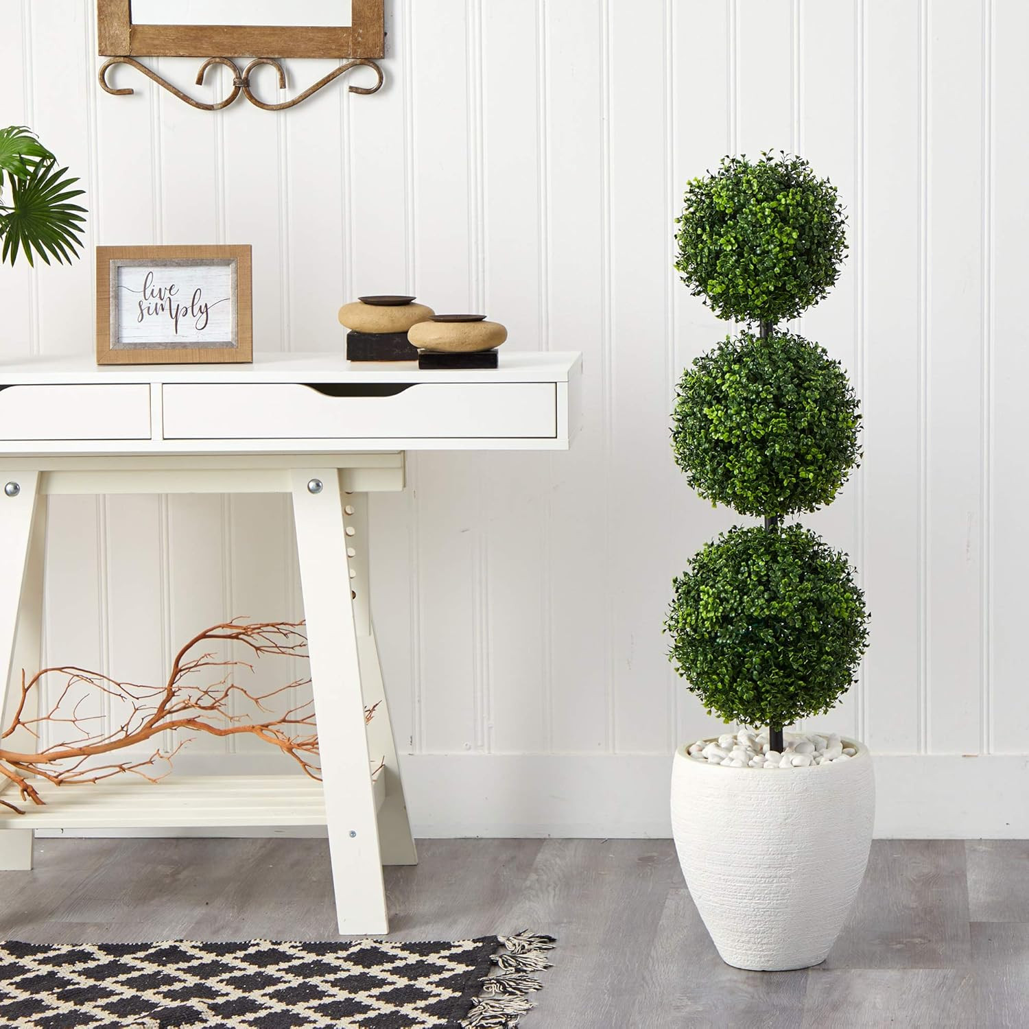 3.5Ft Boxwood Triple Ball Topiary Tree in White Planter – Indoor/Outdoor