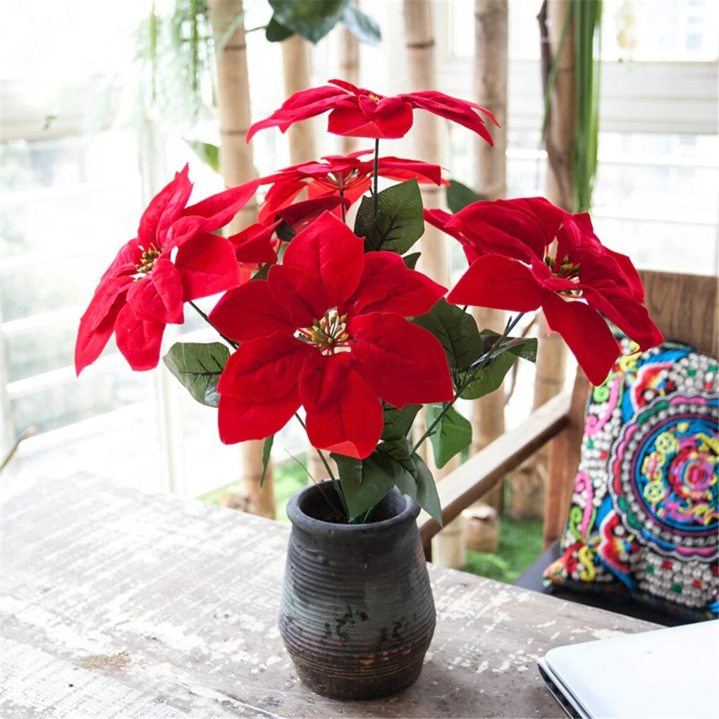 Artificial Poinsettia Flower Fake Home Flower Decor Office Home Party Decoration