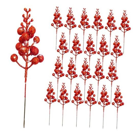 Christmas Tree Decorations Christmas Glitter Berry Stems 8 Inch, Artificial Red