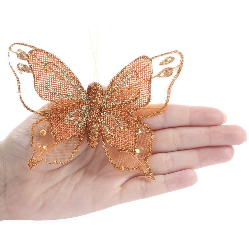 12 Orange Sparkling Glitter & Rhinestone Burlap Artificial 5-1/4″ Butterflies