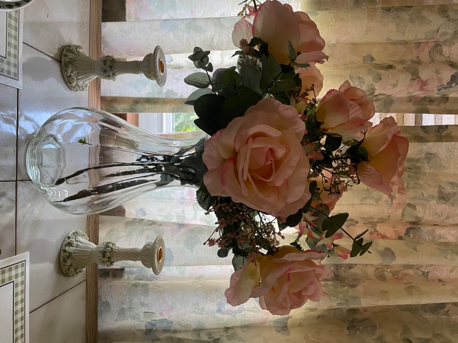 mikasa vase with silk flower arrangement. 22×14