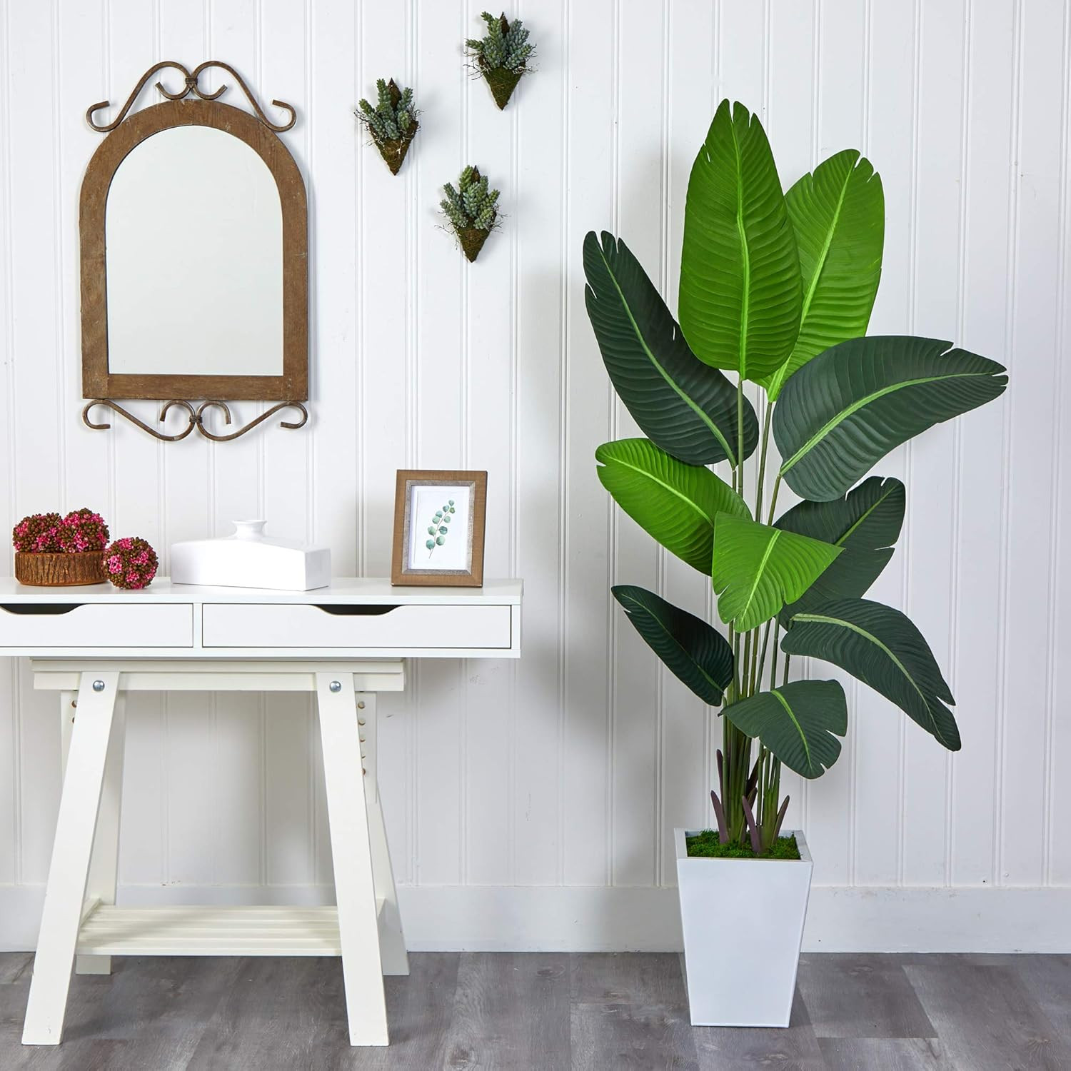5.5Ft Artificial Travelers Palm Tree in Stylish White Metal Planter