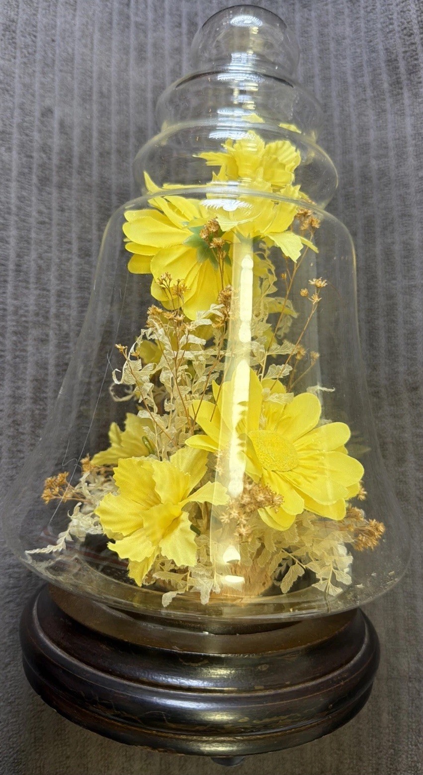 11” MCM Vintage Glass Bell Jar Dome with Yellow Floral Arrangement on Wood Base