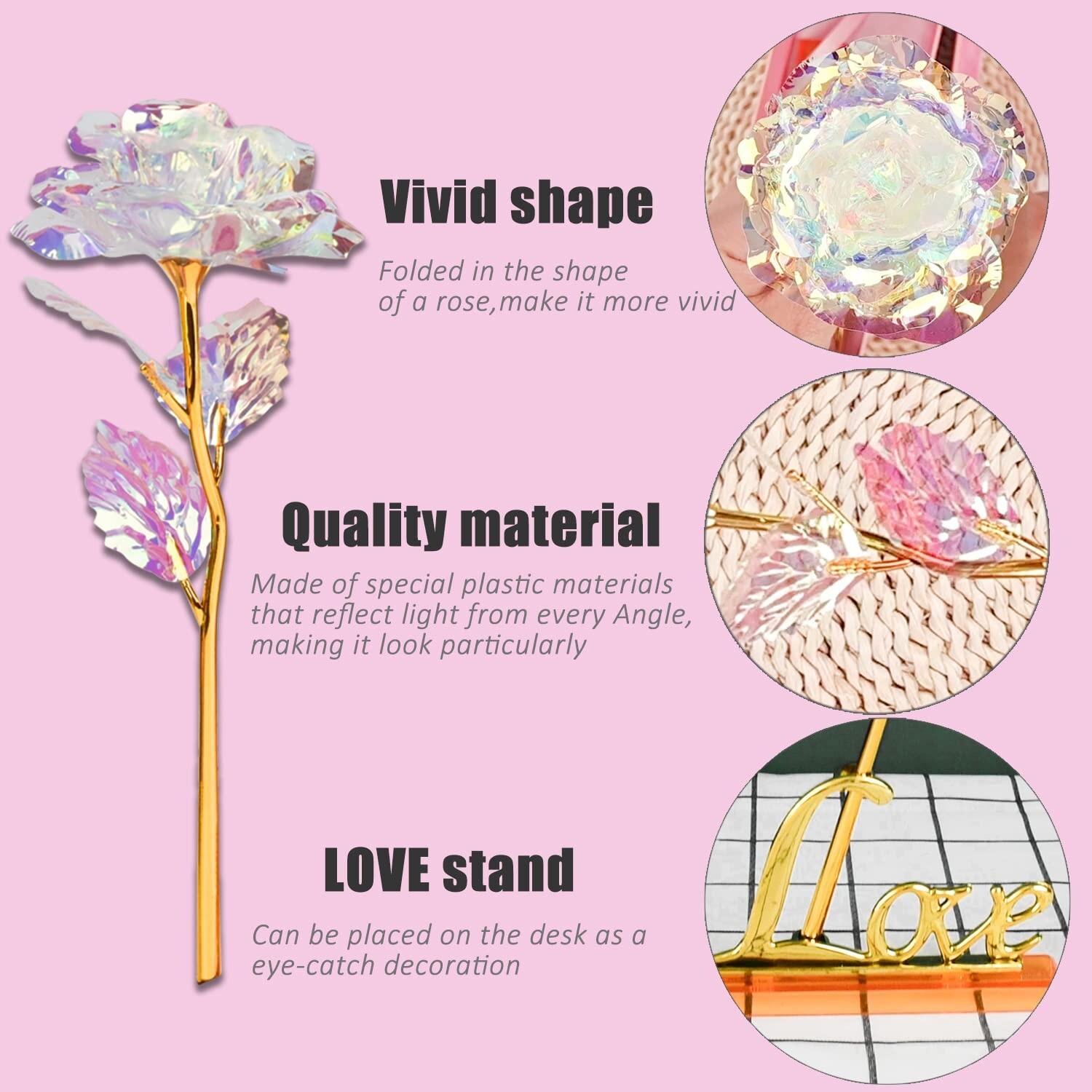 Rose Gift for Her, Rainbow Golden Foil Rose Flower w/Love Stand – Gift for Women
