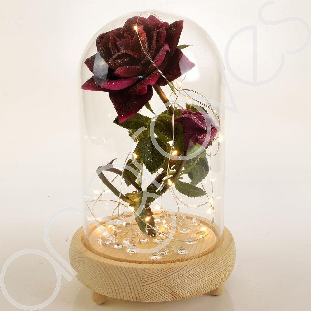 Bella Pink Handmade Enchanted Rose & Rosebud in Glass Dome Bell Jar with LED Lig
