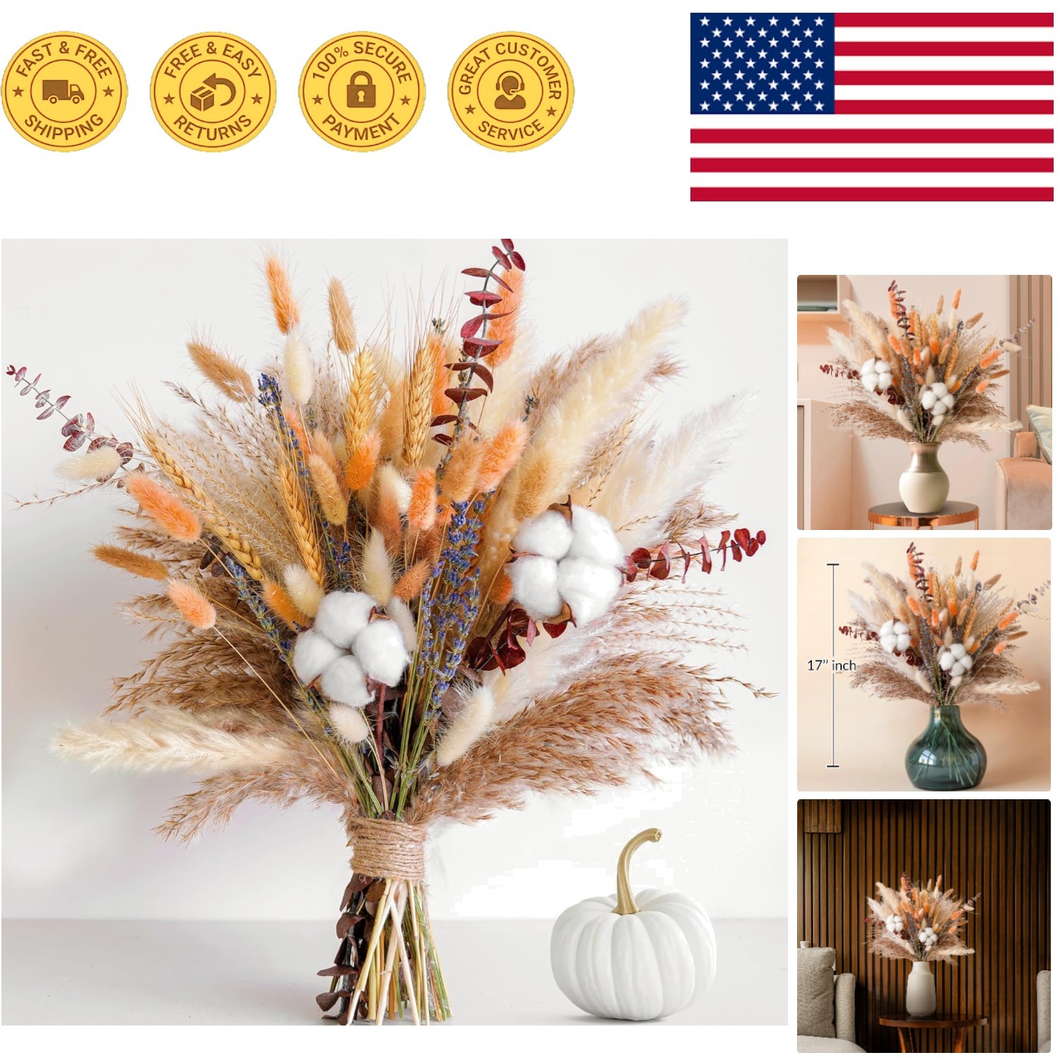 Handcrafted Dried Flower Bouquet – Autumn Decor with Orange Bunny Tails & Cotton