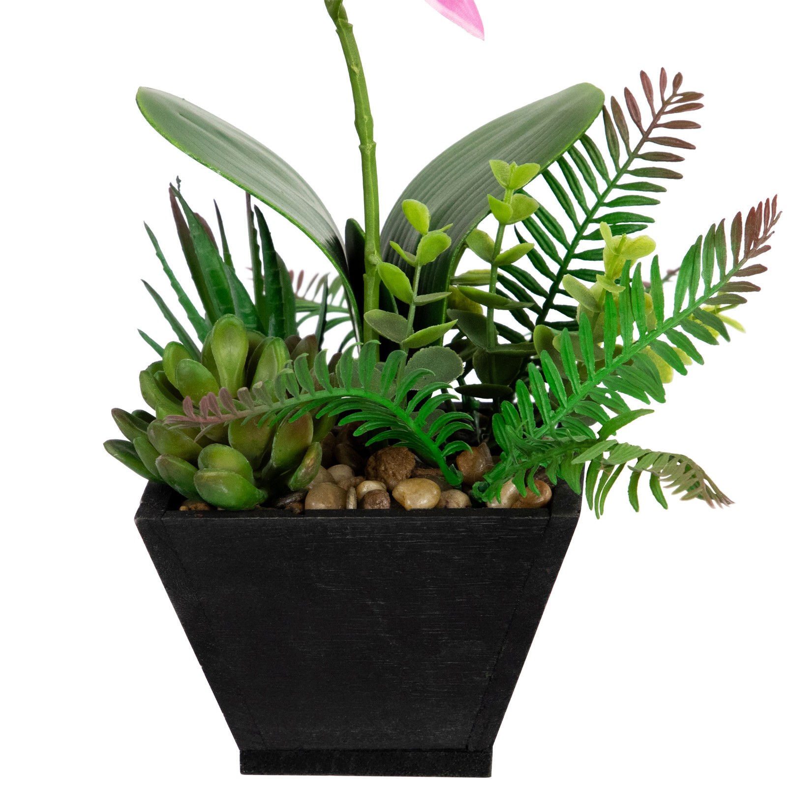 13″ Artificial White, Pink and Green Orchid Succulent Plants Square Black Pot