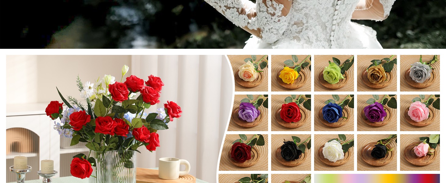 12PCS Artificial Silk Flowers Realistic Roses Bouquet Long Stem for Home Wedding