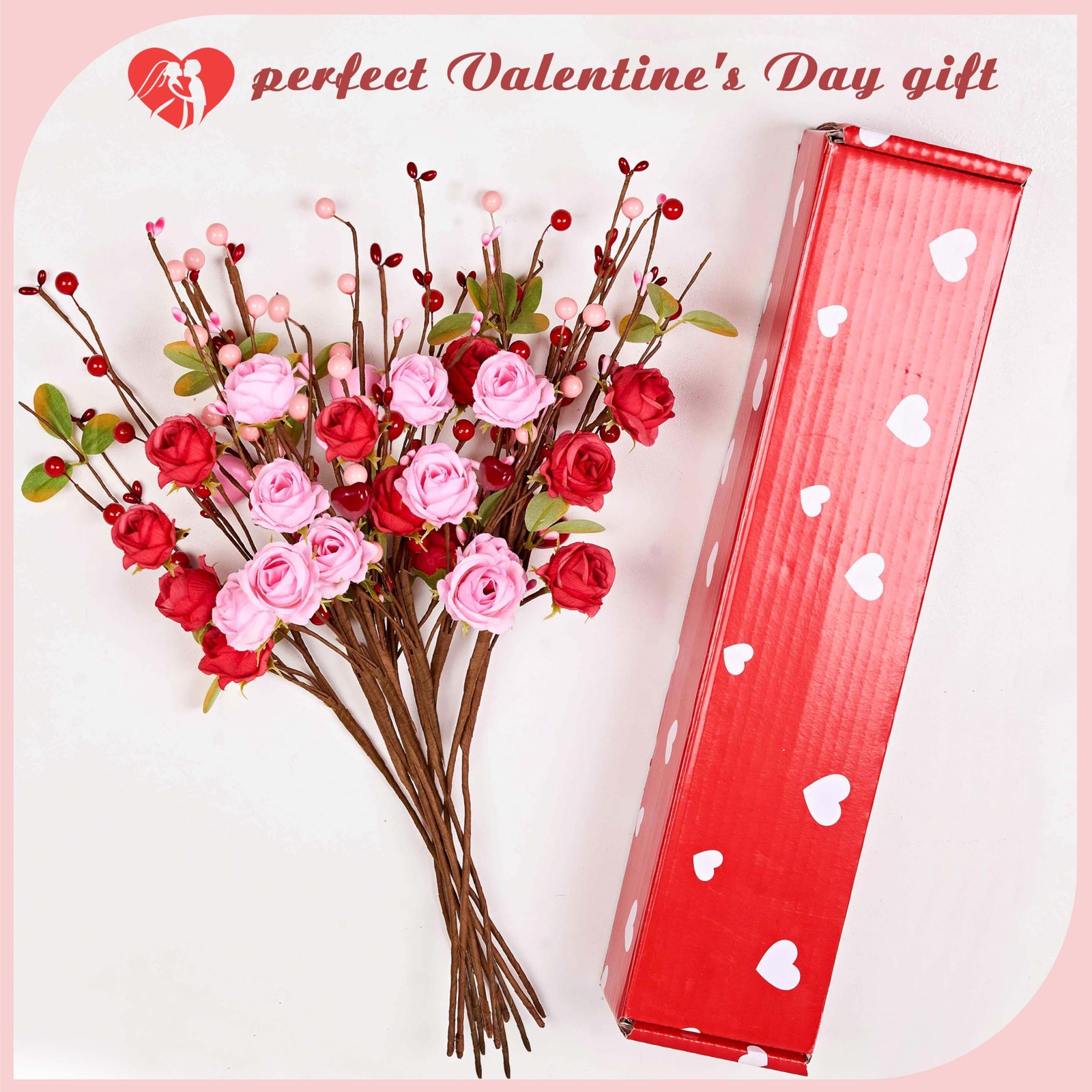 12 PCS Valentine Artificial Flowers 17 Inch Picks Red Roses Pink Heart Berries