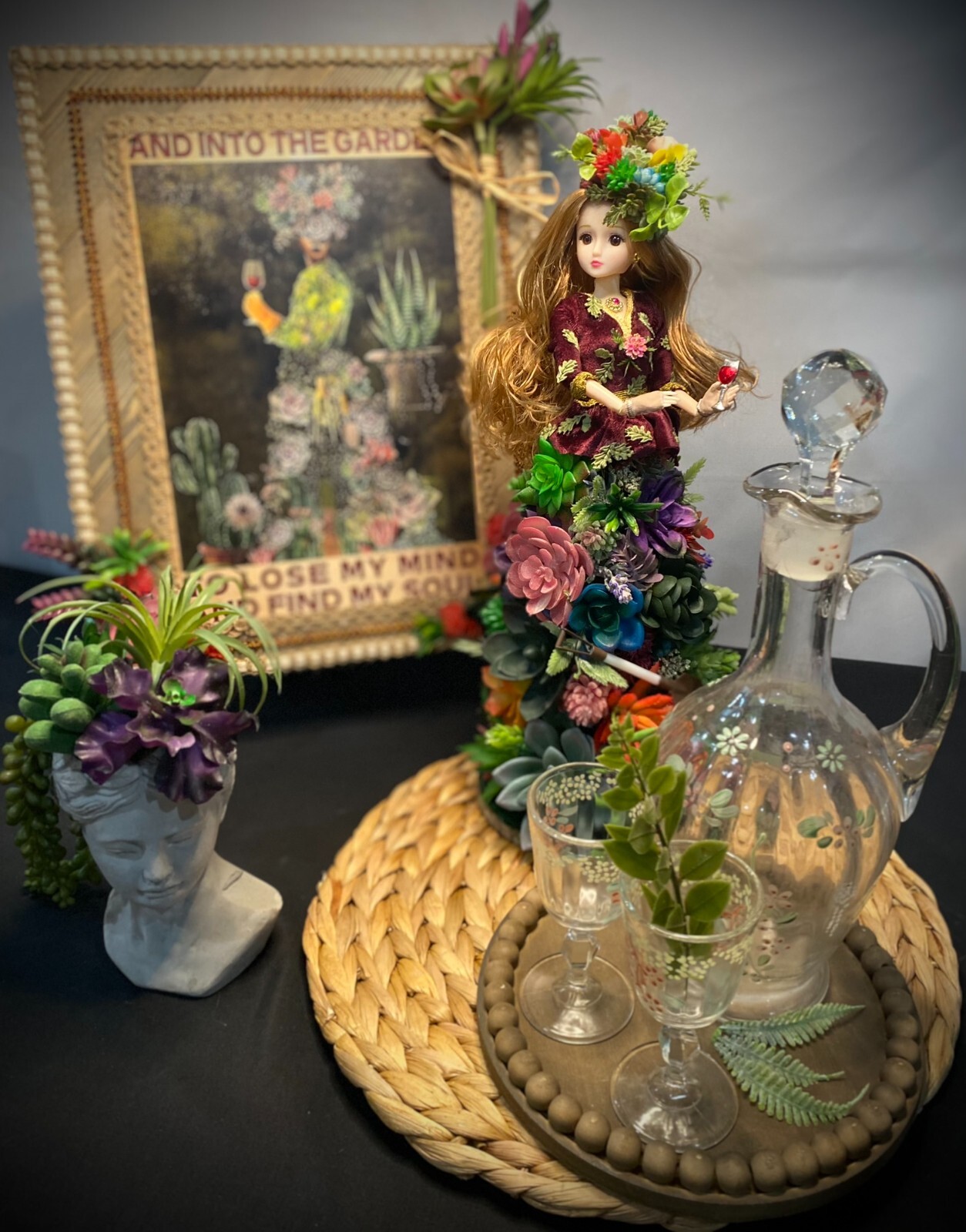 Succulent Home Decor grouping gardening Vintage Barware Carafe wine glasses 8pc