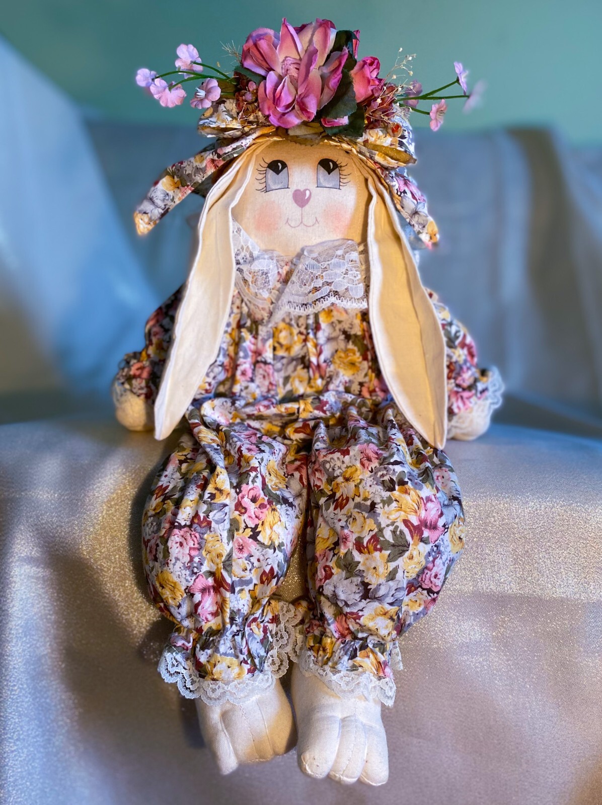 Shelf-Sitter Stuffed Farmhouse Bunny Rabbit w/ Floral Straw Hat Easter decor