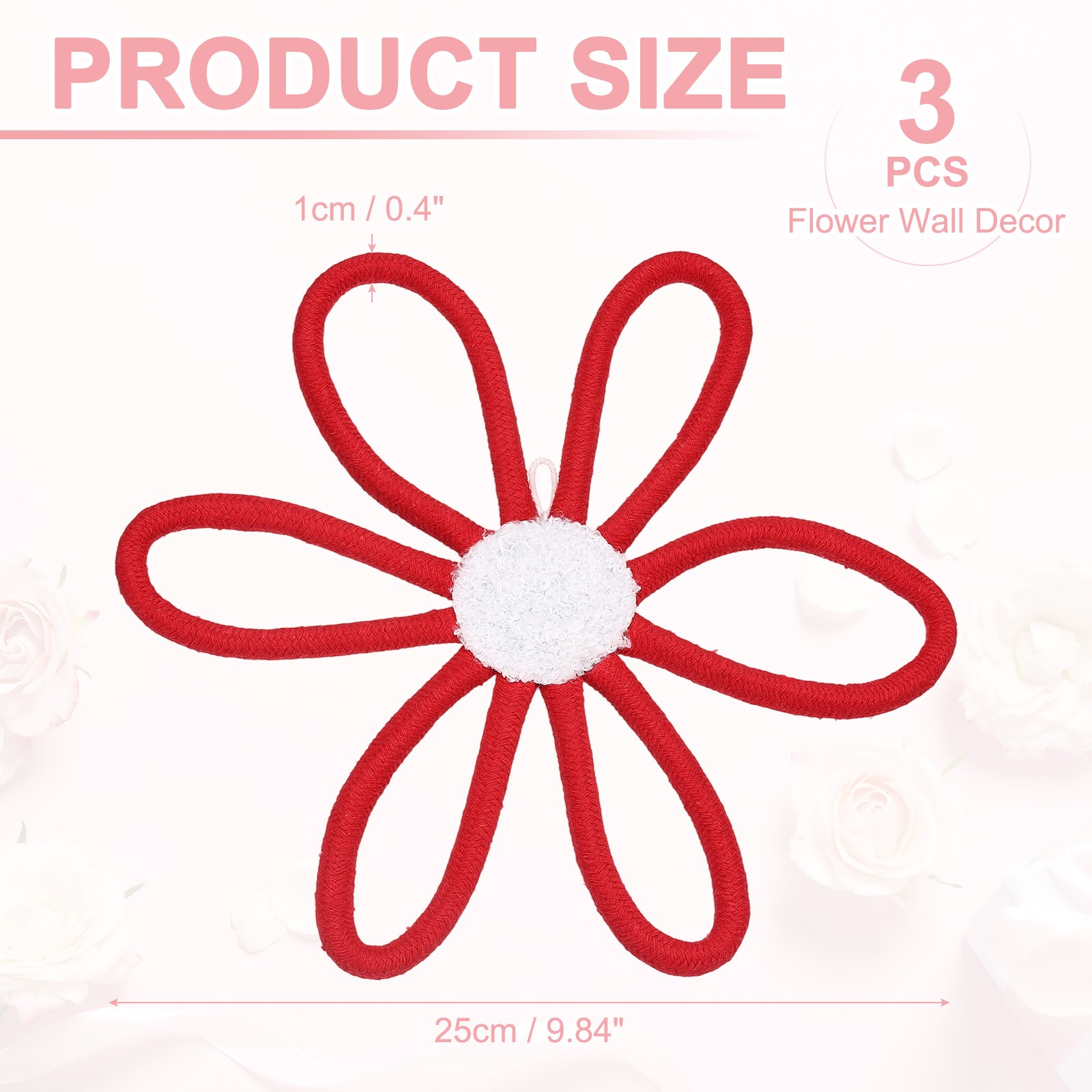 3 Pcs Daisies Floral Wall Decor, 10″ Flower Art Decor Woven Macrame Red
