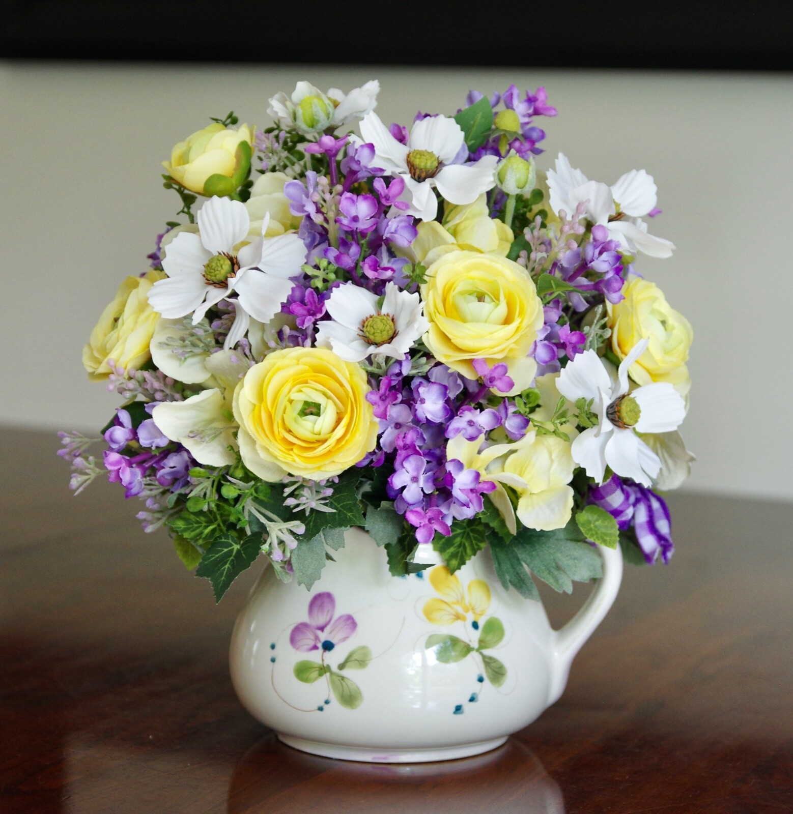 Vintage Hand Painted Portugal Floral Pitcher With Silk Lilac Arrangement