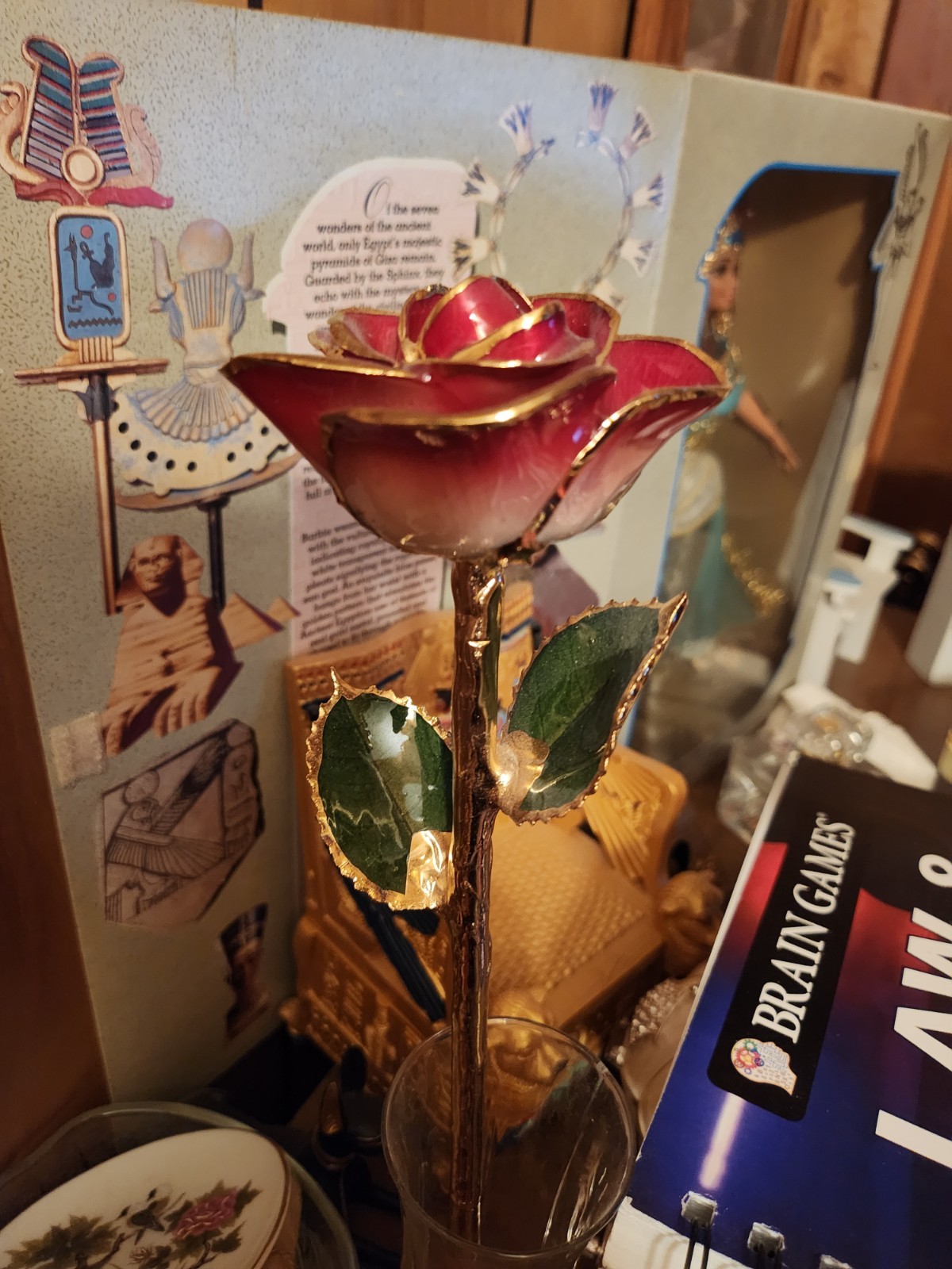 24k Gold Dipped Gold Red Opened Long Stem Rose