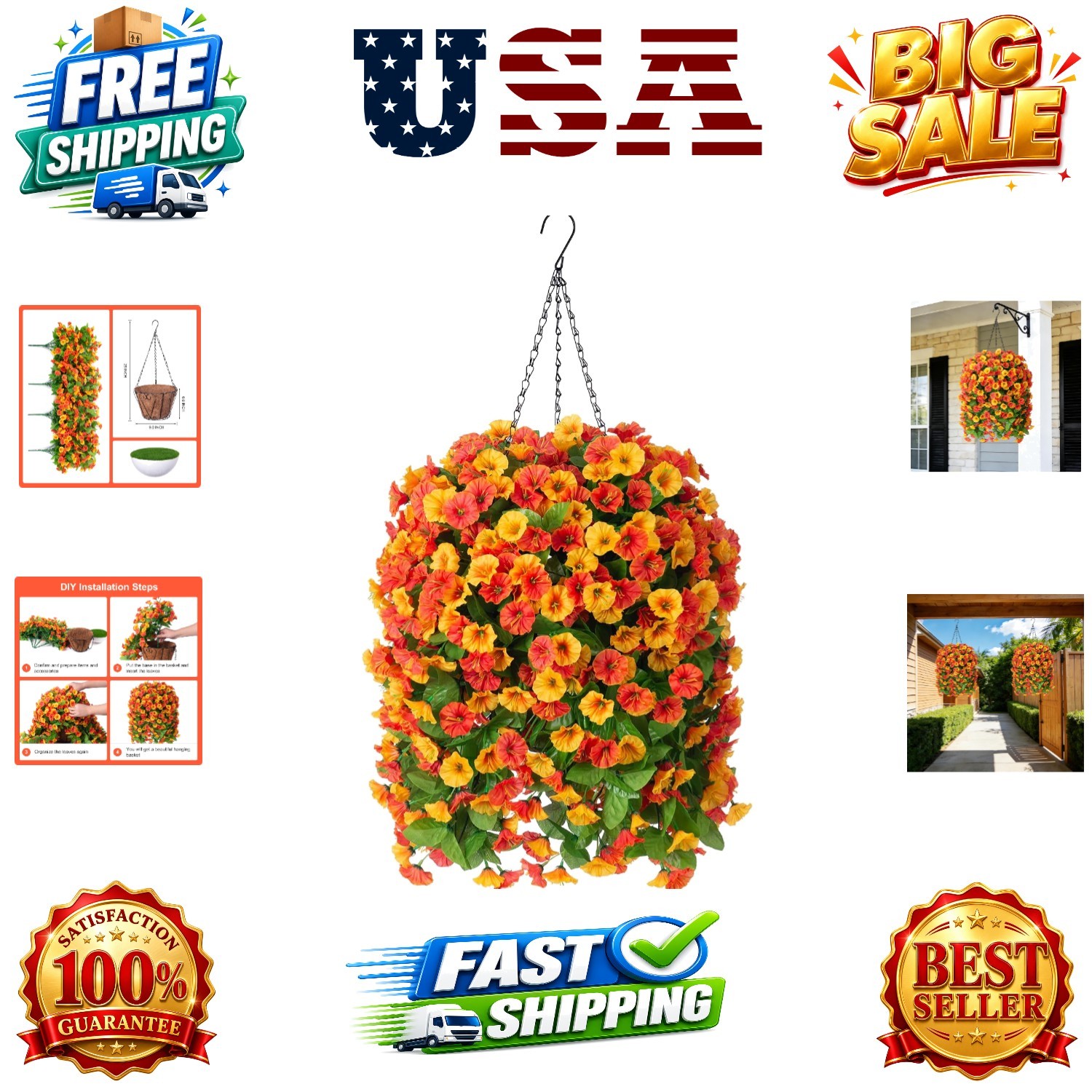 Artificial Flowers with Hanging Basket, Outdoor Faux Plants Silk Morning Glor…