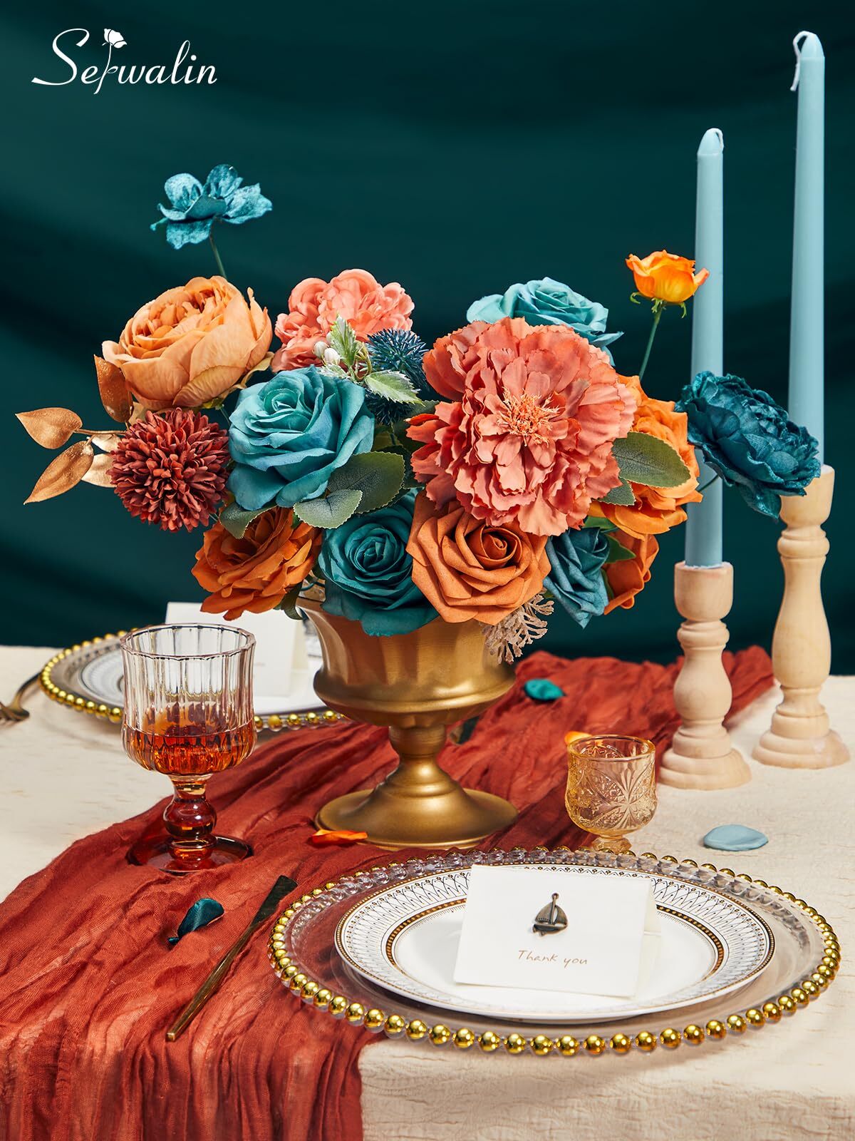 Artificial Flowers Teal Burnt Orange Silk Floral Centerpieces Fake Flowers Bo…