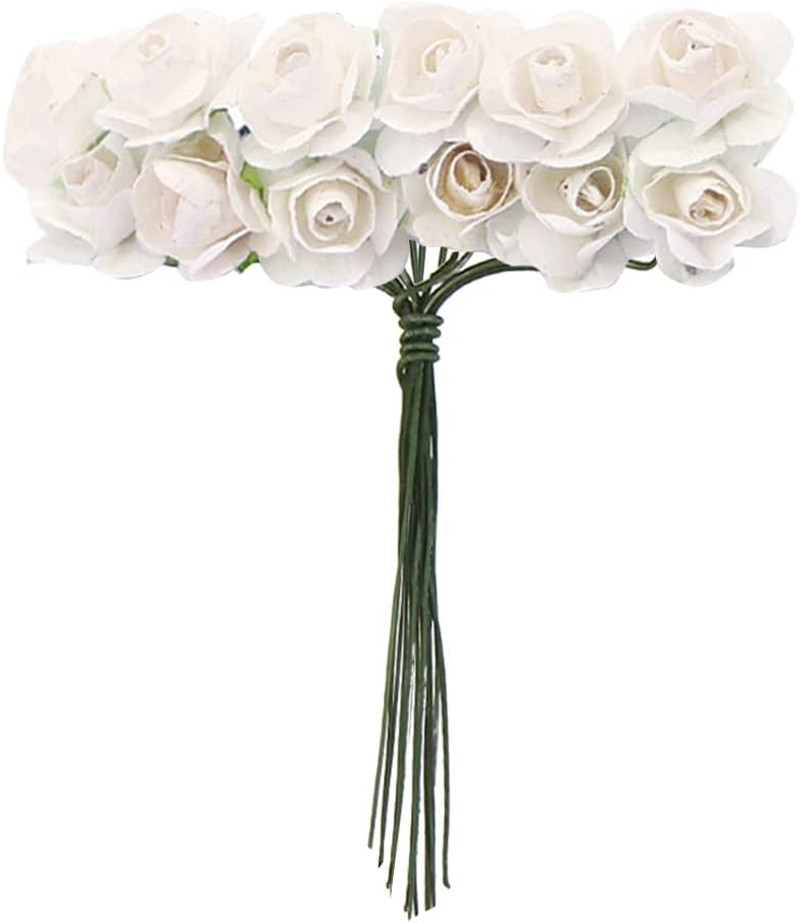 144Pcs Mini Paper Flowers,Mulberry Paper 1/2″ Artificial Rose Flower with Stem f